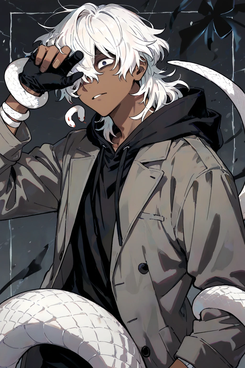 1boy, white hair, red eyes, black hoodie shirt, white shirt, black sleeves, black pants, red tentacles in back
