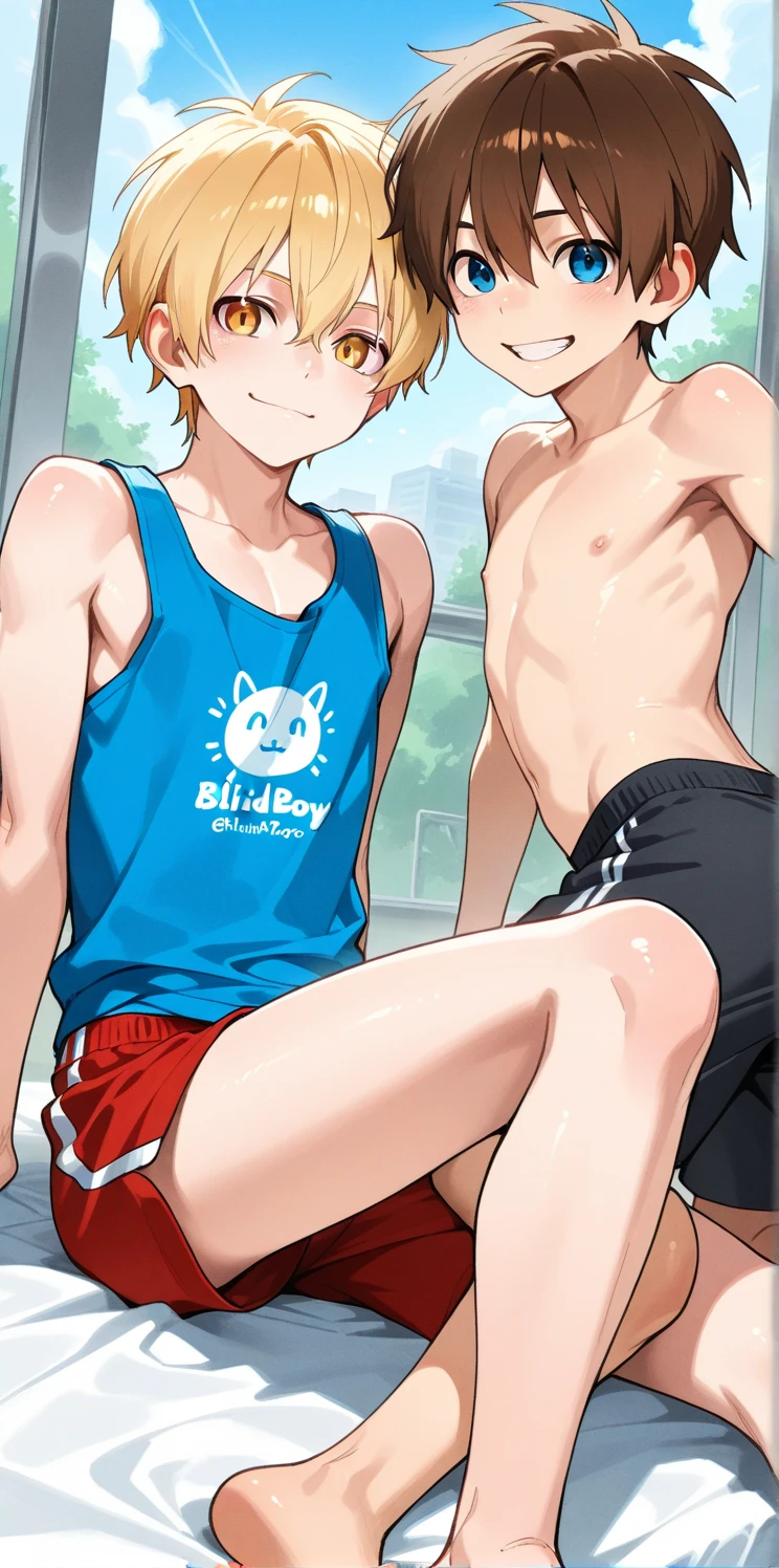 score_9, score_8_up, score_7_up, source_anime, ((shota)), 2boys, huge penis, pov,  anal fuck, mounted, mounting, sex, from behind, doggystyle, mounted sex, gay anal, huge penis, anal, anal sex,indoors, kneeling, on knees, worship, cock worship, huge penis, looking at viewer, pov, femboy, otoko no ko, ikuchan, giant penis, ginger hair, blue eyes,  gym shorts, crop top, sweaty clothe, wet clothes