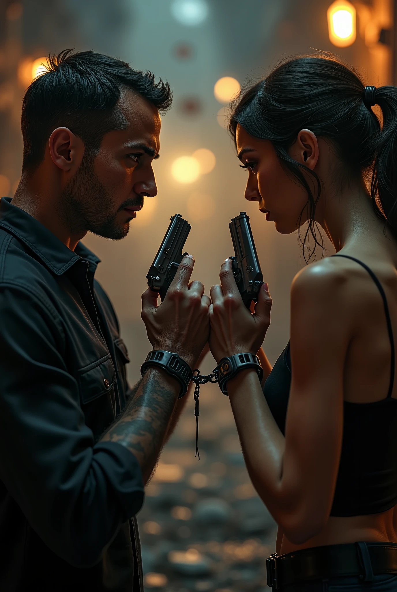 Realistic image、realistic photo style、realistic skin texture、Handcuffed man and woman point guns at each other、dramatic images、Thrilling Expansion