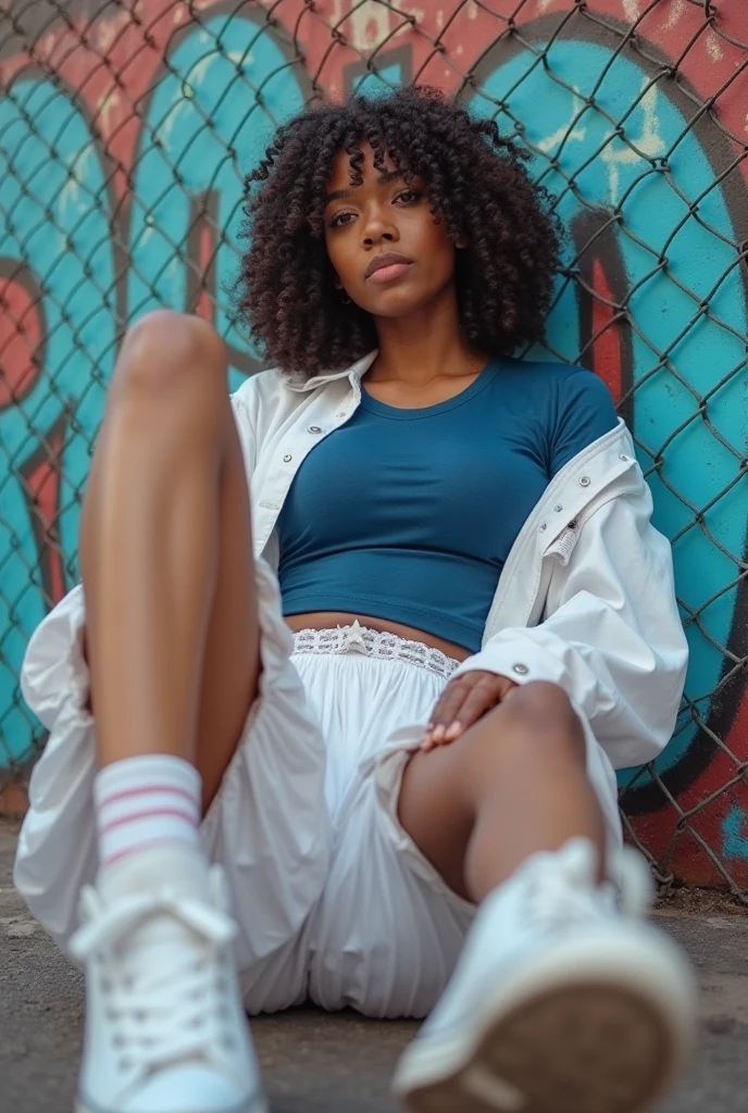 Mujer pelo blanco con rastas vestida con botas altas ,minifalda y top ,grandes pechos y gran culo,