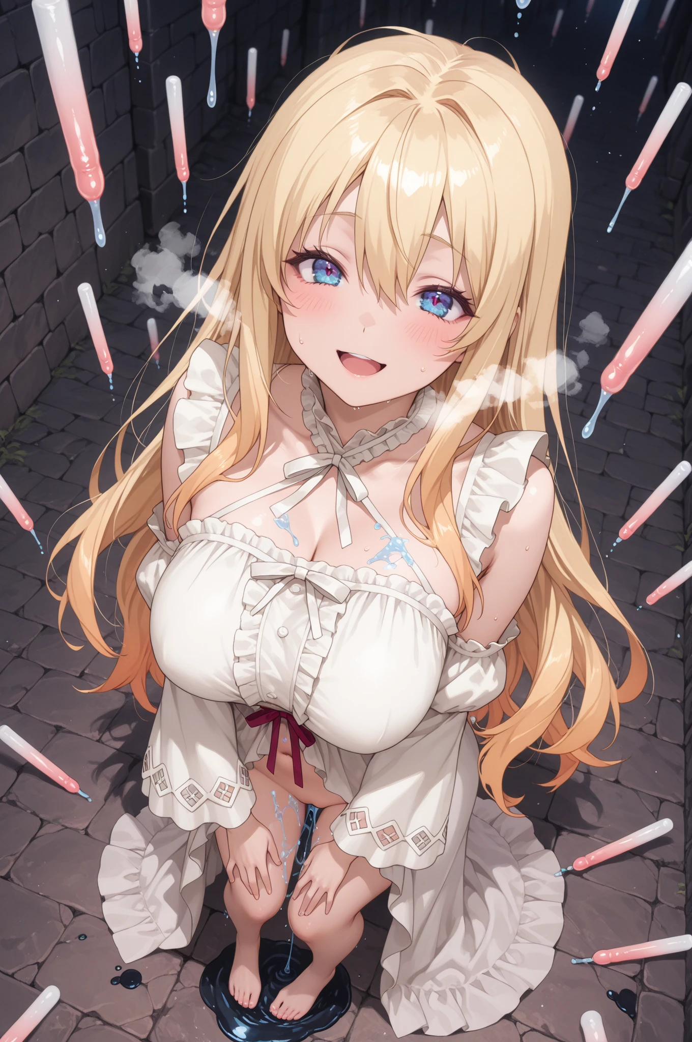 1girl, nsfw, ASAHINAMOMOKO. LIGHT BROWN HAIR, HAIR RIBBON, WHITE RIBBON, ONE SIDE UP, HAIR BETWEEN EYES, VERY LONG HAIR, PINK EYES, empty eyes, large breasts, nipple, Car Racing Circuits, frozen, (Sweating profusely, Love juice, Wet Woman, female ejaculation) crying, Naked, (1girl) Peeing, lactation, projectile lactation