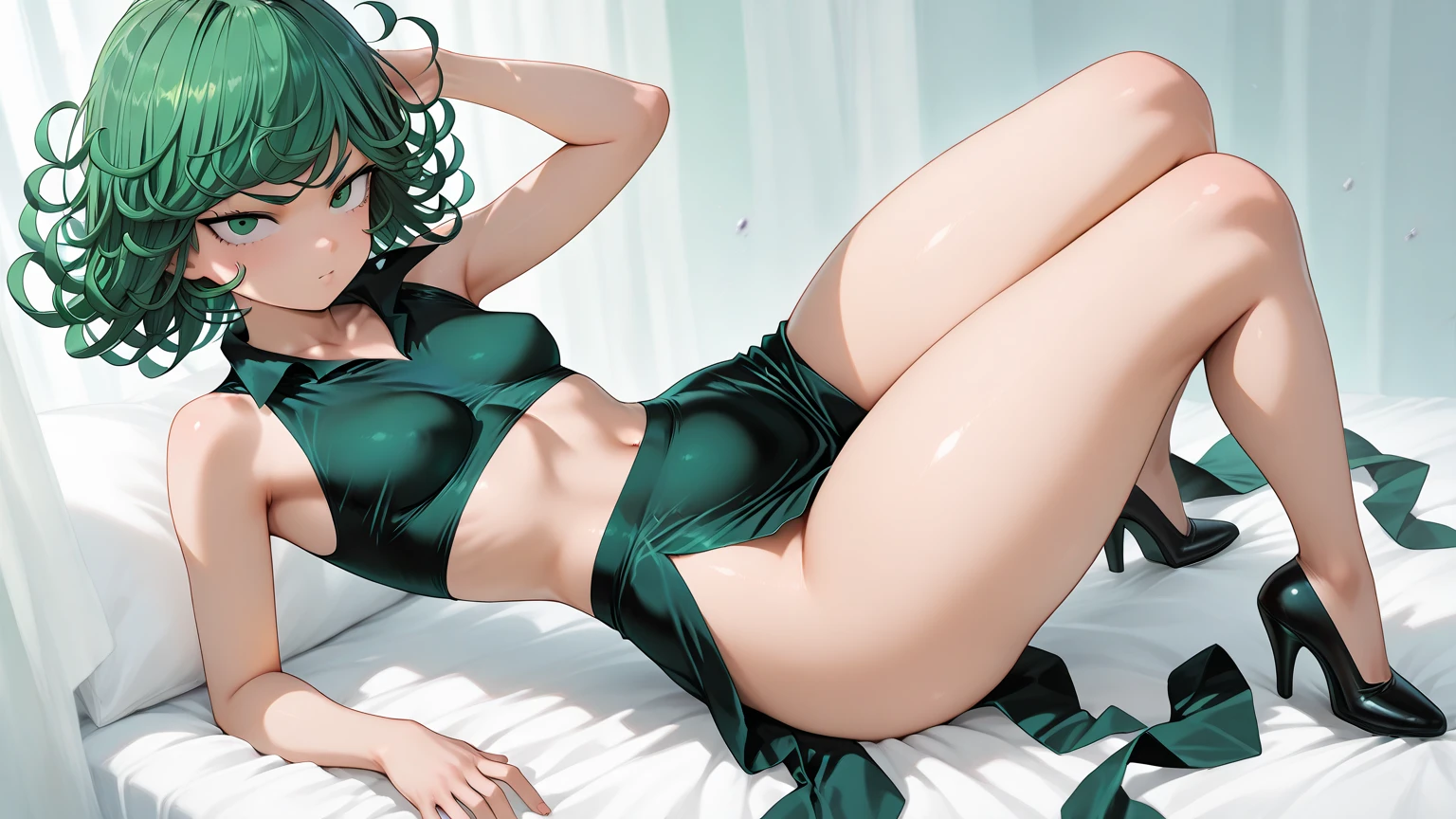 Chica de anime acostada en una cama con una botella de cerveza, Tatsumaki de One Punch Man, Tatsumaki, Tatsumaki con cabello verde rizado, en una playa, Fanart de alta calidad, en la playa, Tendencias en ArtStation Pixiv, Guweiz en Pixiv Artstation, Fanart exquisito altamente detallado, Artgerm extremadamente detallado, Arte Zerochan,bikini ajustado,sentado,piernas cruzadas.