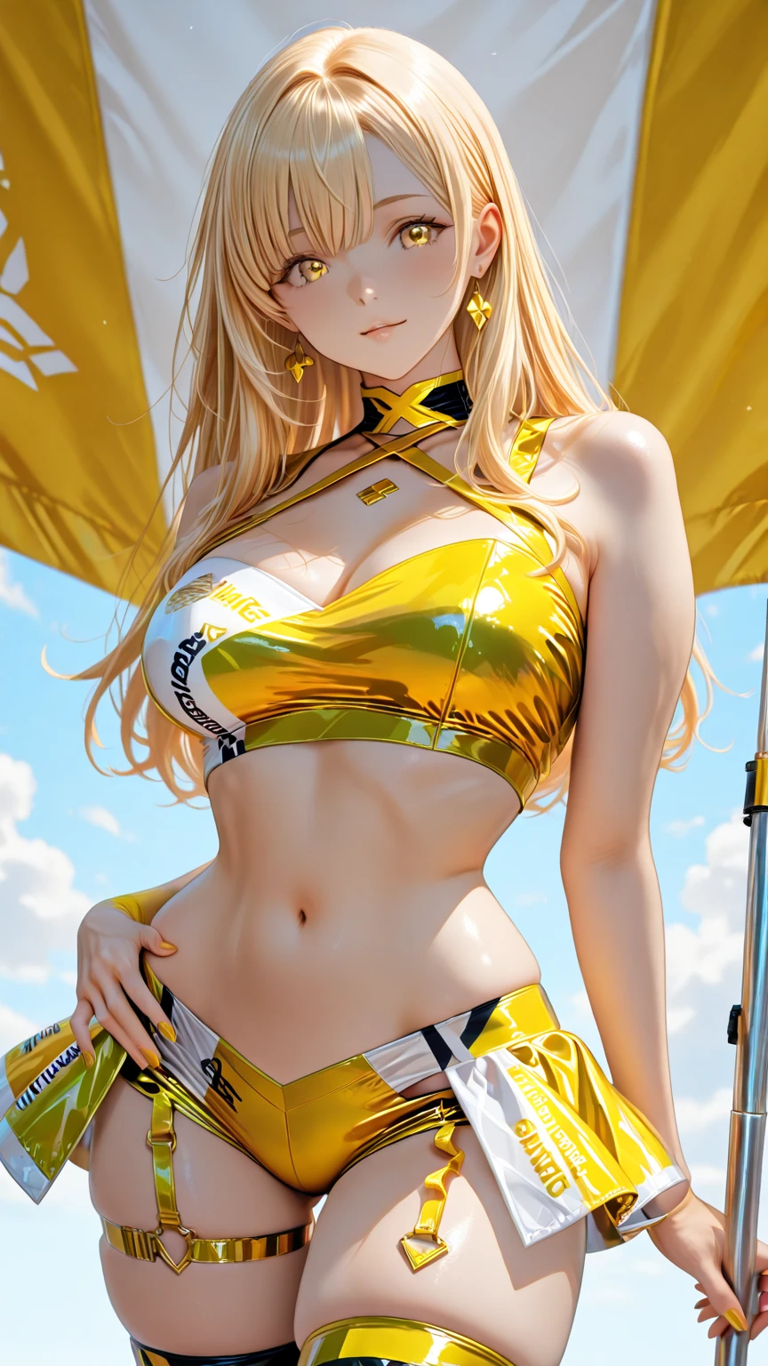 a female anime character with hair and clothes dressed in a yellow outfit, 1girl, solo, long hair, breasts, looking at viewer, parted lips, skirt, yellow eyes, gloves, bare shoulders, bangs, white gloves, medium breasts, sleeveless, cowboy shot , (best quality, masterpiece, ultra-detailed, illustration),(8K wallpaper),(beautiful detailed eyes), beautiful, amazing, detailed eyes, (detailed skin) art inspired by Bill Sienkiewicz