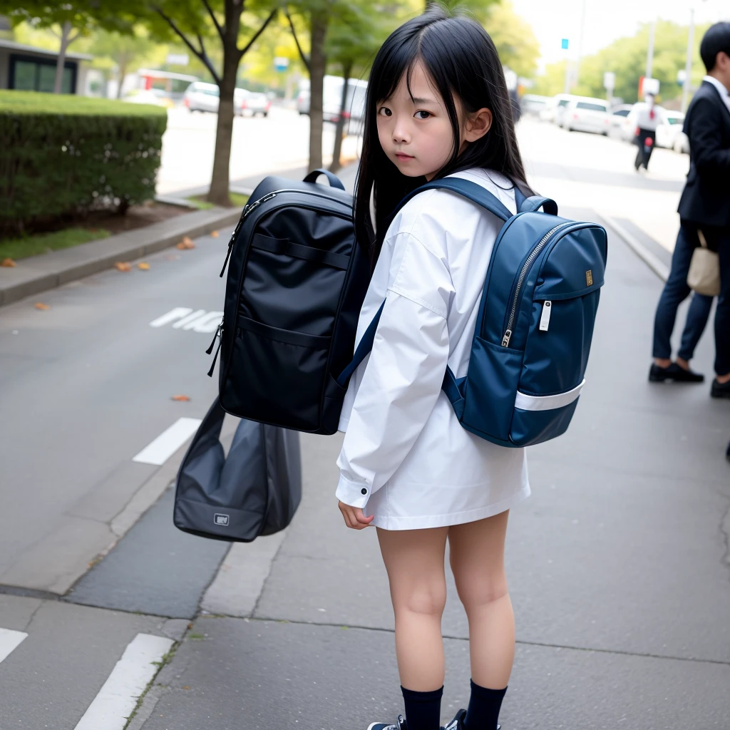 a girl with white tshirt blue pants white shoes black hair