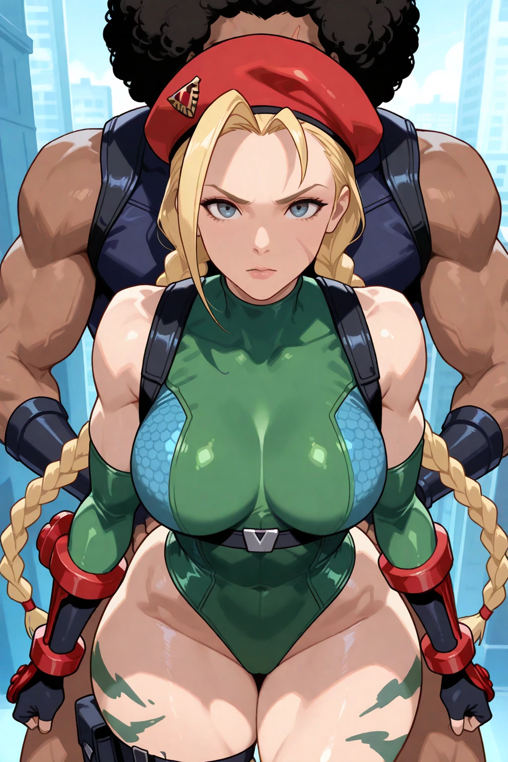 Super detailed、Highest quality、Best image quality、masterpiece、8k、(Cammy)、Cowboy Shot、(shoulder-length blonde braids)、(Open Mouth) 、(tareme)、(tareme)、(big eyes)、(Beautiful bright blue eyes)、(High Detail Anime Eyes)、(puffy eyes)、(Big Tits:1.5)、((SFW Huge Body))、(Green high leg leotard:1.5、Gloves、Harness、boots)、(Fighting Pose:1.5)、hat