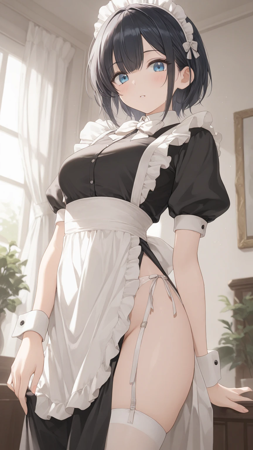 The girl who became a nun&#39;clothes are upside down, Cute,  White ruffled panties, {{{{{{Half Top}}}}}}、Blue-haired、 bob cuts, {{{{{{Realistic}}}}}}, {{{{{{Head out of frame}}}}}}, Thigh, {{{{{{{{{From below}}}}}}}}}, Blushing, (Open legs:1.4)、Bitten underwear、Drooling from the mouth、Spread  、NSFW、Open、hands praying to god、