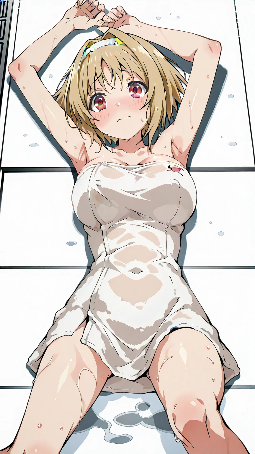 blonde hair, short hair, hairband, Purple eyes, , , large breasts, nipple, Walking, , Abandoned Hospital　frozen, wet, ,, Naked, Scary smile , (1girl)　Blank look