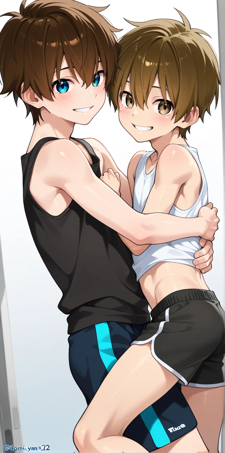 Two 12 year old boys, naked in the gym.