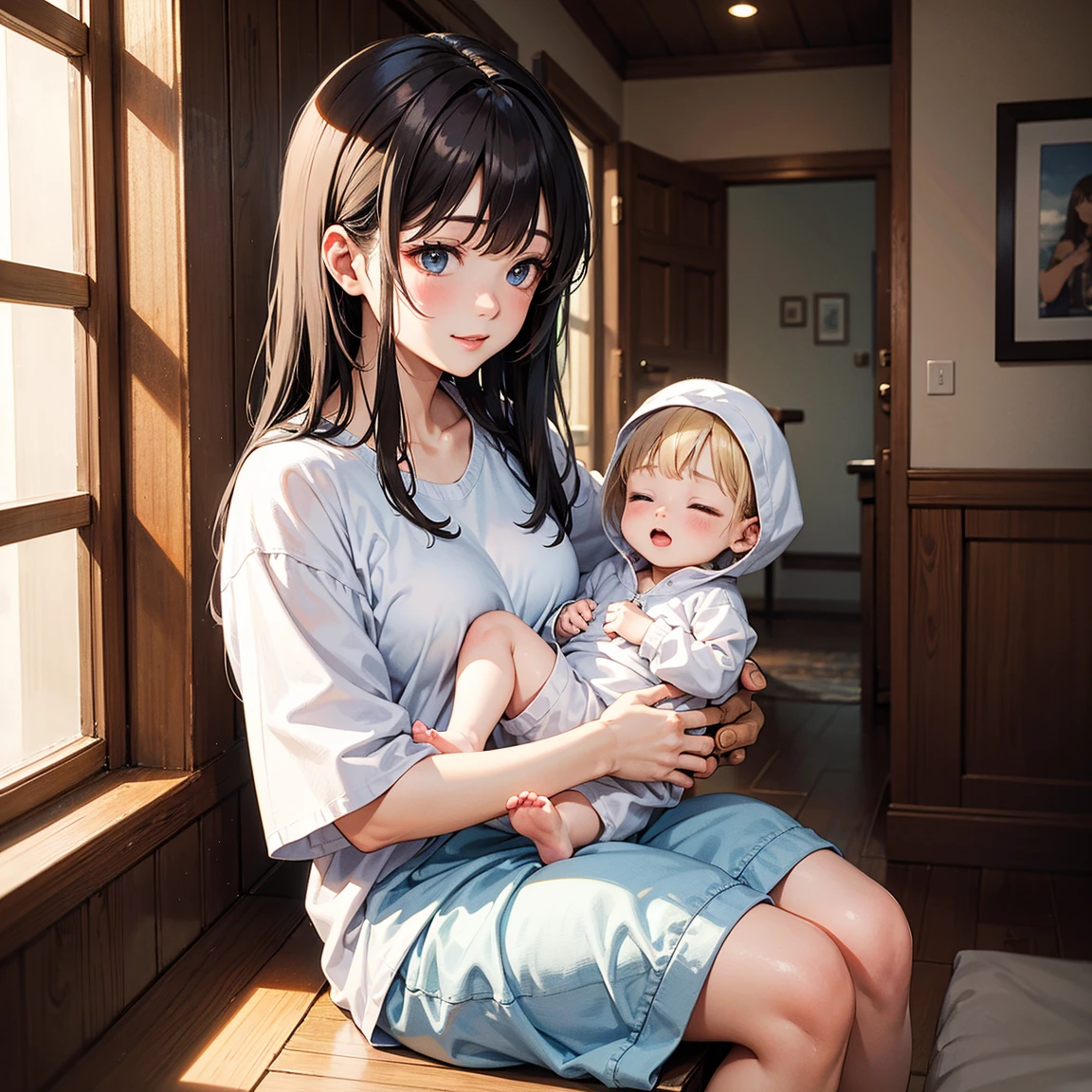 A 20-year-old Asian woman with short black hair Tomboy style masturbating while her 3-month-old baby is next to her