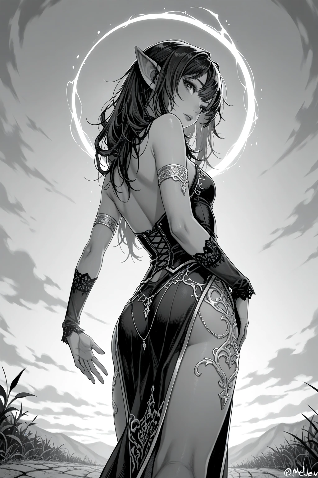 (best qualityer))), (((manga strokes))), (((back view))), (((perfect ass))), woman black knight, (((black helmet))), metal panties, medieval albino girl, Barbed wire garter belt, breasts covered with a metallic chest protector shaped like bat wings, Curly white hair, chains wrapped around the arm, metal gloves, great sword, medieval castle, fitness body, blood, nude belly, coxas nuas (((manga style))), violent, Manic, slenderbody, thin but strong, perfectbody, armor black, ornate metal sleeves, (( cowboy shot )). Intricate look with a huge medieval castle