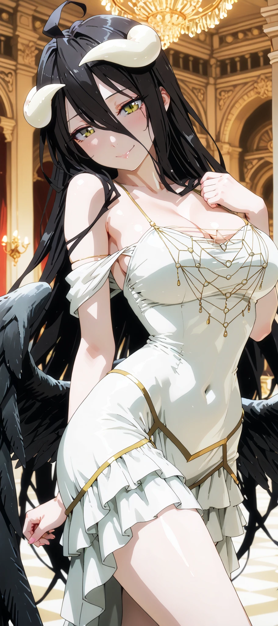 25 year old human girl with Mediterranean features, very long black hair, has super gigantic breasts, slim body, torn blouse that can't contain her breasts, torn black pleated miniskirt, has a slave collar, behind is a man who she gropes her breast, each breast is tied with ropes, chained to a wall