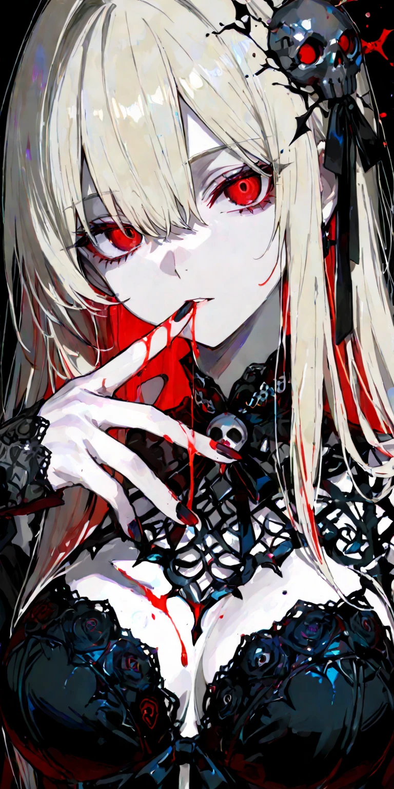 On the night,large view, full view of the scene, scene view, blood body, blood scene, blood, blood, body with many blood everywhere, a girl holding a big knife , blood everywhere on her body, furious, HD, full details, high quality, no white lights Just a red light glowing, sexy , drops of blood, traces of blood, blood on lips, blood on the walls, horor, stressant, gore, chains hanging, chains stretched everywhere, tombeau, without light, red light glowing, dark, sombre, lights effects, peur, effrayant, seductive, seductive animated girl, sexy,