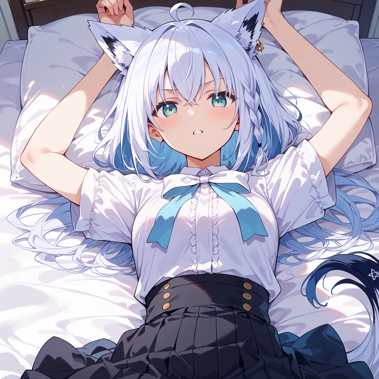 Highest quality　Gray Hair　Long Hair　Fox ears　See-through　One girl　Blue Eyes　child　Bed
