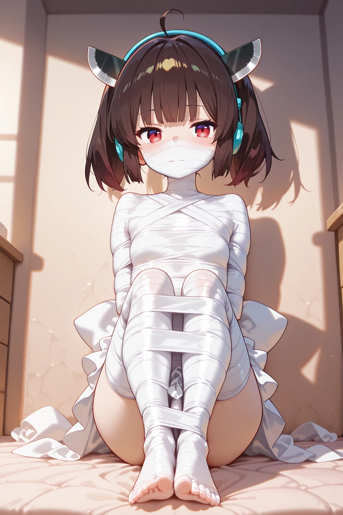 masterpiece, best quality,solo,((boy)),((little boy)), ((blush)), ((tears)), ((shy)),((white dress)), ((high heels)), ((white pantyhose)),((arms_behind_back)),((((bondage)))),((((shibari)))),((mouthmask)),