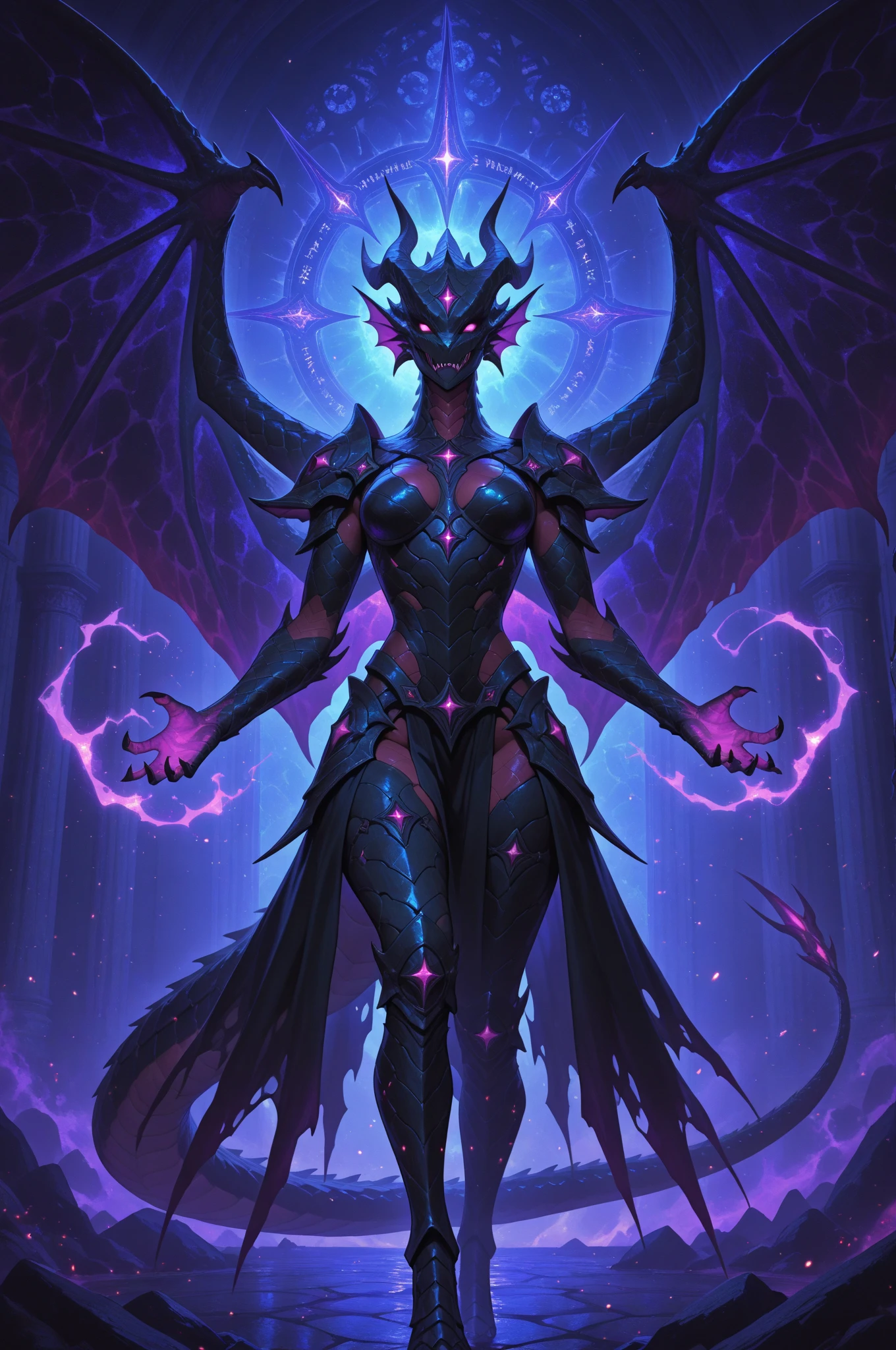 18 year old girl, (shy and spice girl),black skin with blue, Arab,(falda Arab) furry, furry art, the debt, witch clothing, malignant aura, dragon wings, body with scales and feathers, energy ball, casting sorceress spell, red evil eyes, angry face,evil spell, black aura, pose on all fours, elevated hip, standing ass, tail up,camel lip on the crotch His eyes are large and expressive, Resplendent irises of blue and purple, cosmic background, amazing space background, wich outfit