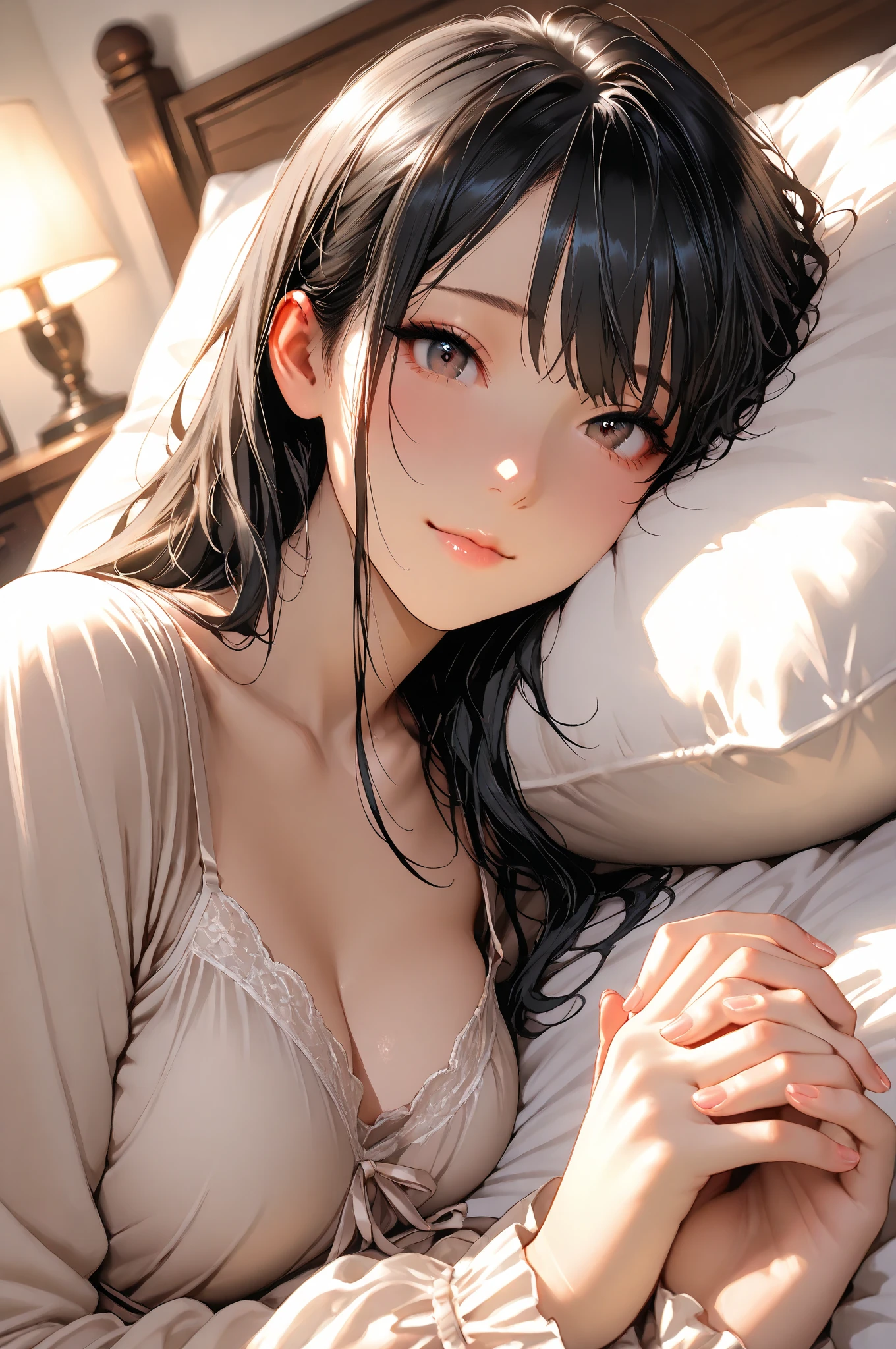 Beautiful girl waking up with her head on the pillow, lying face down and smiling, disheveled and wearing pajamas with a black nightgown and mini shorts, Pov