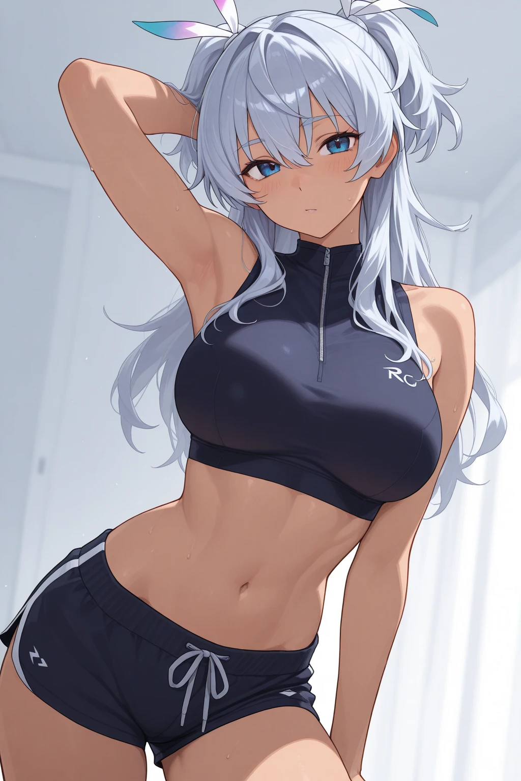 white sports bra, cleavage, black mini skirt, wind blowing skirt, blush