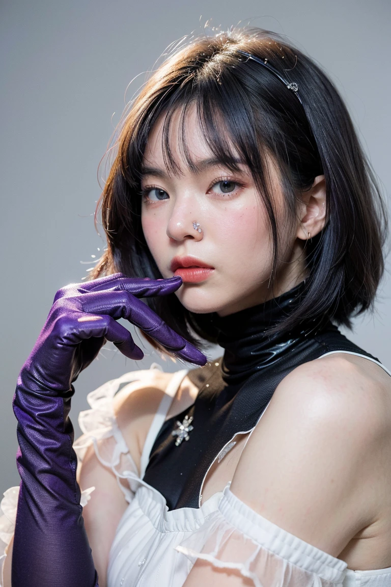 gorgeous korean woman, wearing a silk coat, photorrealistic, work of art, open coat, black rock shirt, appealing,  ssmile,, punk hair, Punk Girl, pose rock, brightly dyed hair, heavy make-up, eyeliner, Gothic