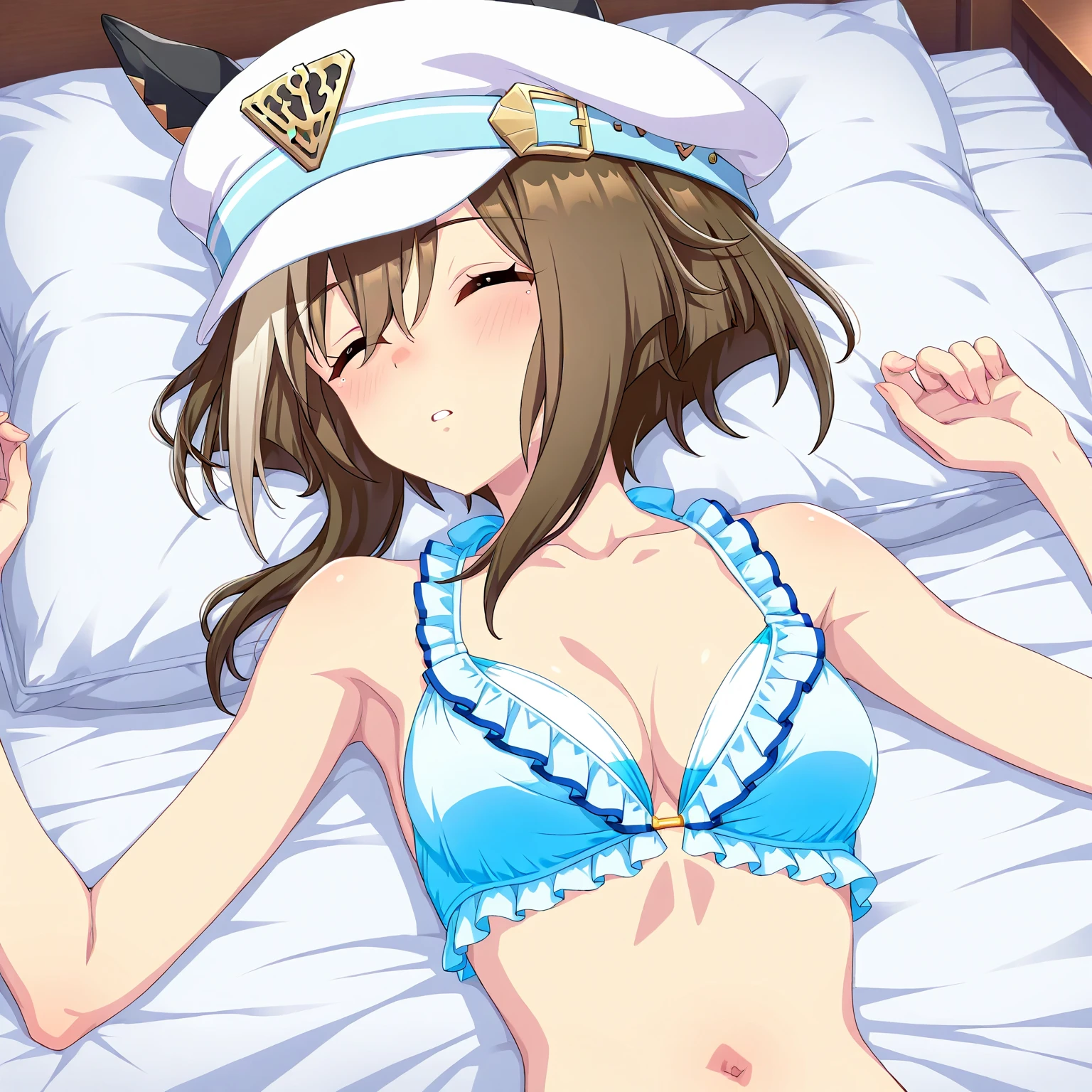 highest quality, masterpiece, High resolution,alone, 1 girl,slight smile, looking at the viewer, hat,horse ears, horse tail, Medium chest, (From above:1.2), bent down, blush,perfect lighting,((panties)),((bra)),,((nsfw))