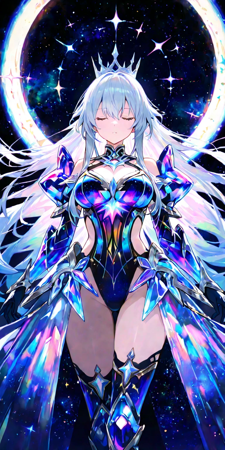 a woman in a silver Bodysuits with a large breast, chrome Bodysuits, Neon crystal body cover, Metal fuselage, cyberpunk Bodysuits, covered in crystals and glitter, Bodysuits, Inspired by Eddie Zandt, Bejeweled costumes, Rainbow-colored sheer lingerie, Shining Body, dizzying, transparent gray dress, Translucent dress, Sexy Dress