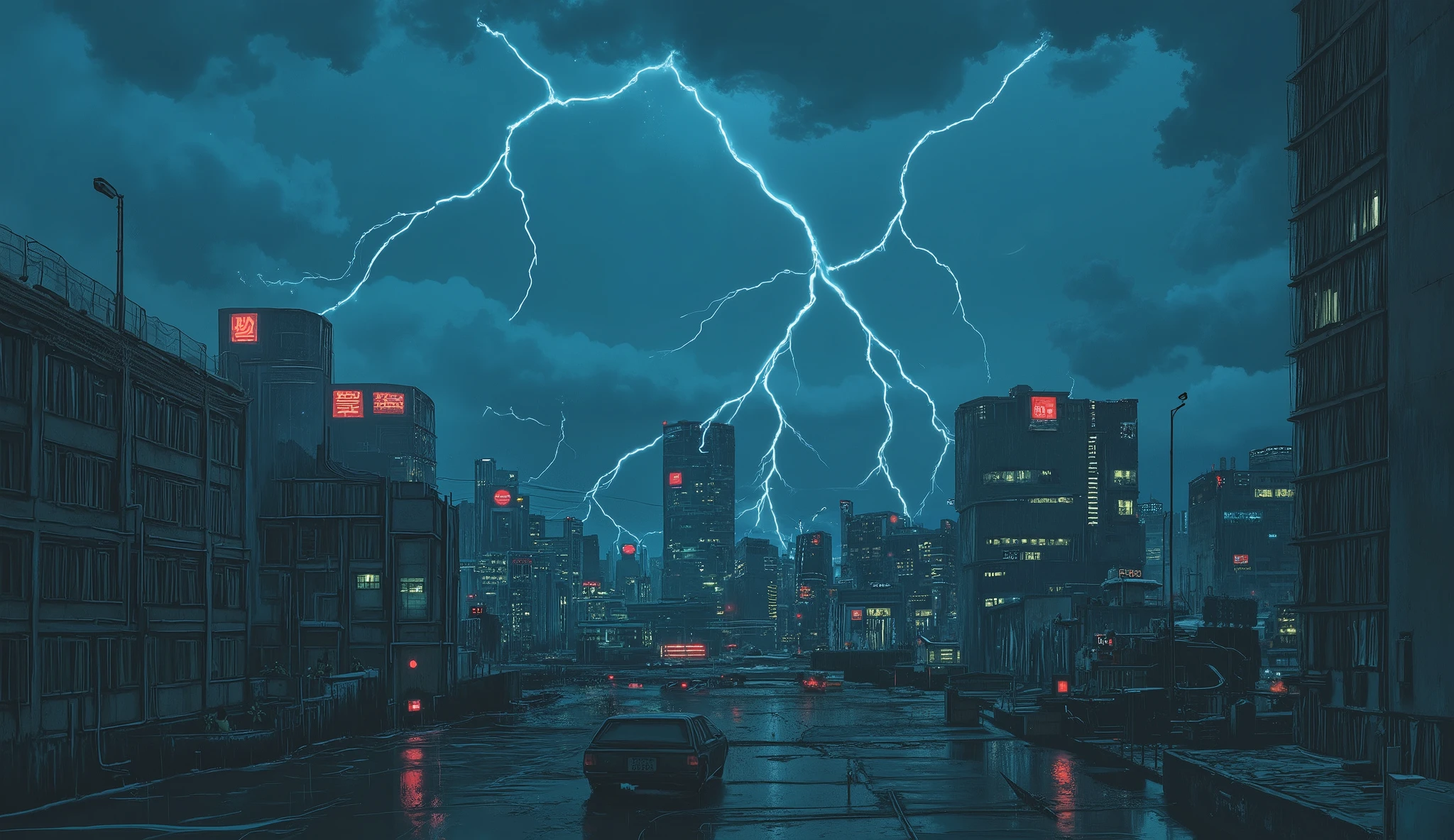 Illustration,The photorealistic and detailed images embody the worldview of Katsuhiro Otomo's "AKIRA." The overwhelming realism of 8K resolution vividly depicts the unrealistic dark space. The realistic lighting is reminiscent of 80s anime. Thunder roars in the sky of Neo-Tokyo, clouds gather, and rain pours down on the city. The meticulously calculated angle of view evokes the worldview of Katsuhiro Otomo's "AKIRA." Cinematic wide shots,