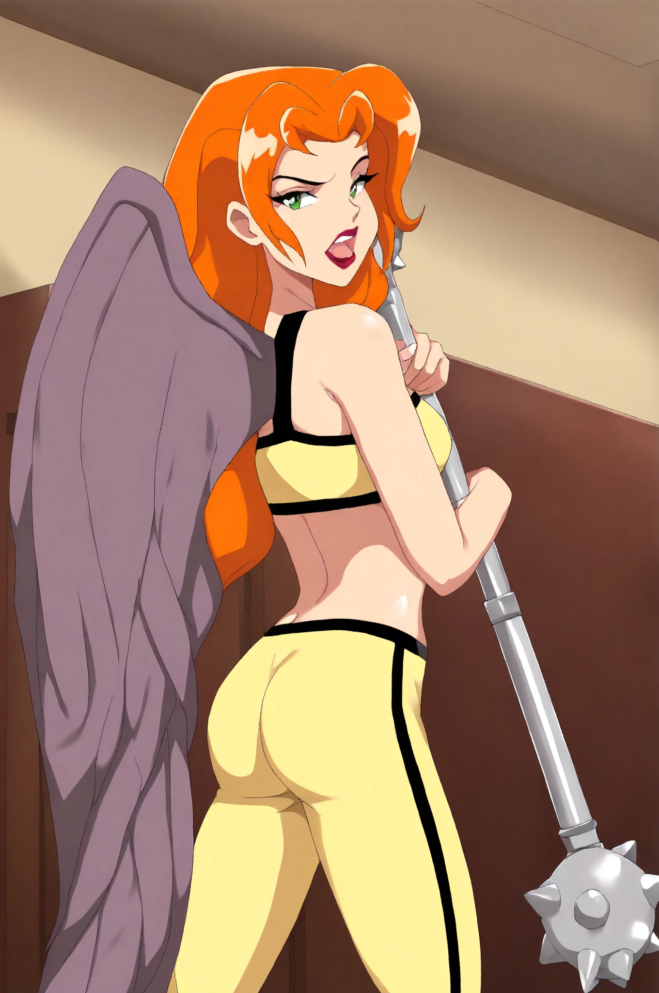 score_9, score_8_up, score_7_up, source_anime,
giganta, giganta, blue eyes, red hair, dark skin, 1girl, solo dark-skinned female, makeup, lipstick, ponytail,
dress, jewelry, earrings, bracelet, pink dress, eyebrows raised, seductive smile, looking at viewer
indoors, bent over, pantyshot, white panties with pink hearts, frilly panties, heart print panties, lifting dress, dress all the way up, big butt, full view, side view, rear view, 