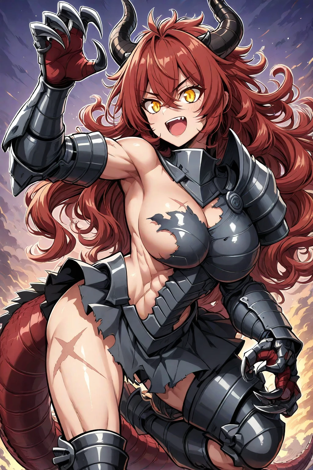 solo, female, close up, very tall, fit, abs, muscular, thin waist, tan, long auburn hair, scars, ponytail, big hair, wild hair, yellow eyes, slit pupils, red dragon tail, red scaly head fins, red scales on arms, scale hands:1.3, dragon claw hands, day, confident smile, bastard sword, scale armor, bikini armor, huge sword, very large breasts, medieval town, confident, abs, fire tail, billowing cape, facing viewer, broad shoulders, large woman, face scale