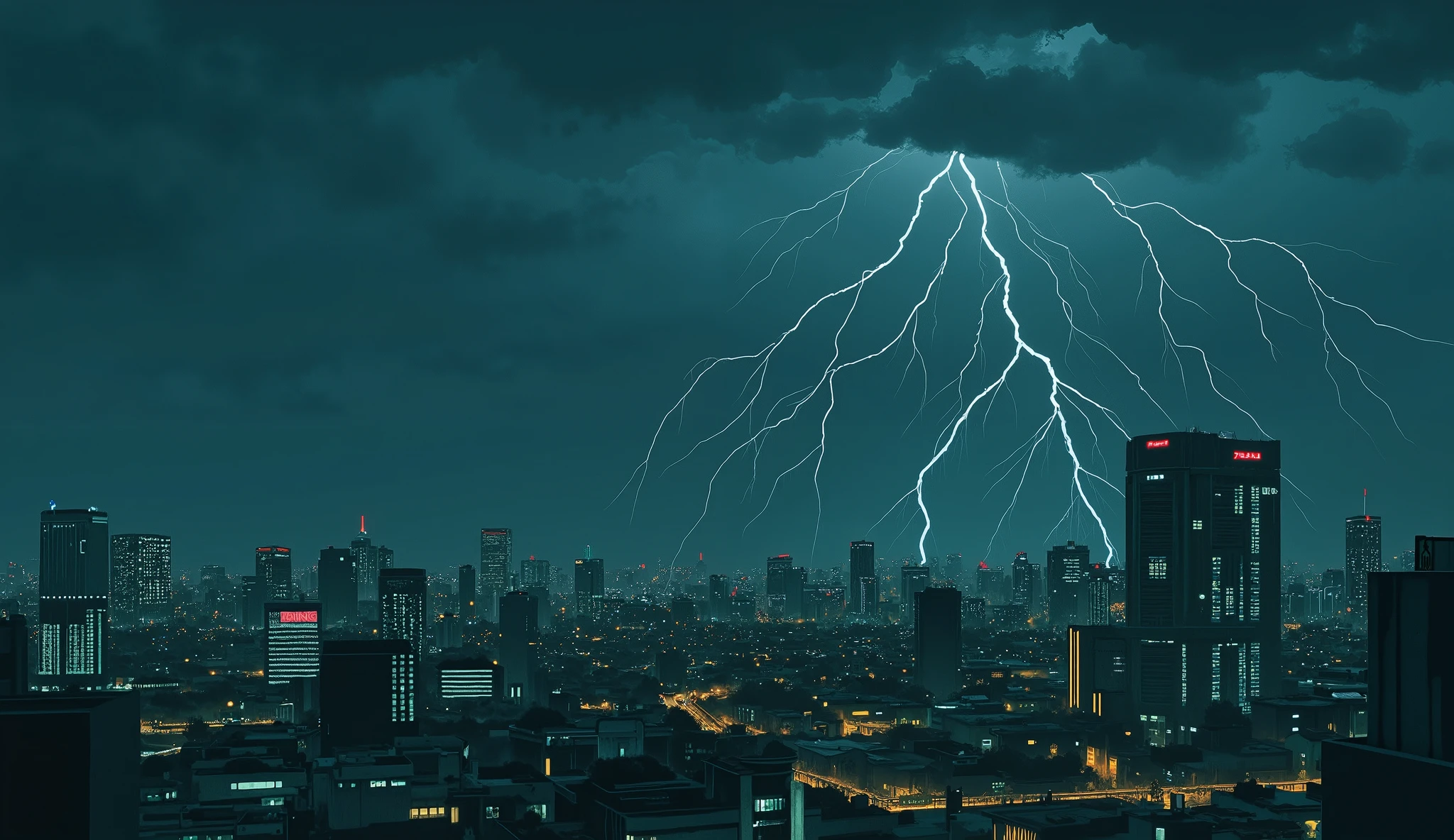 Illustration,The photorealistic and detailed images embody the worldview of Katsuhiro Otomo's "AKIRA." The overwhelming realism of 8K resolution vividly depicts the unrealistic dark space. The realistic lighting is reminiscent of 80s anime. Thunder roars in the sky of Neo-Tokyo, clouds gather, and rain pours down on the city. The meticulously calculated angle of view evokes the worldview of Katsuhiro Otomo's "AKIRA." Cinematic wide shots,