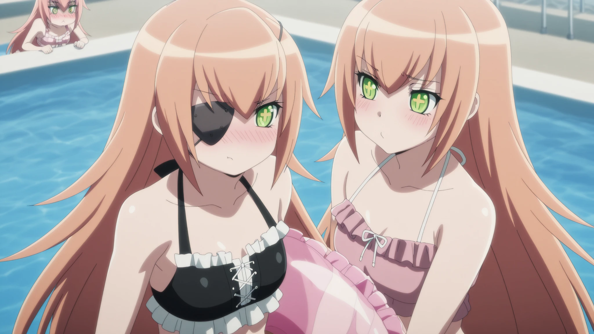 masterpiece, (((best quality))), high resolution, anime art style, Liliana, ((shoulder-length wavy blonde hair)), (blue eyes), detailed face, closed smile, (((big breasts))), (((pink bikini))), playing on the beach, navel uncovered, chest in sight, legs in the sand, (((full sensual body))), sensual body curves, shapely body
