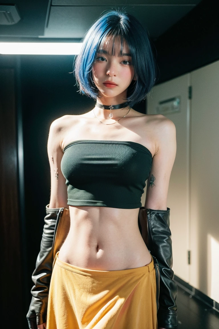 1girl in, ((Bery short hair))、arms are_The tattoo, Bare_shoulders, Belt bag, Blue_Eyes, Blue_hair, Colossal tits, earrings, eyeshadows, facials_The tattoo, Jewelry, jinx_\(lize_In the_legends\), makeup, Medium_breasts, Midriff, Navel, Shoulder_The tattoo, Solo, The tattoo, The upper part of the body_Body, krystal,cleavage , (get sweaty) , Round eyes, ((You can see the shape of the nipple through the clothes))、