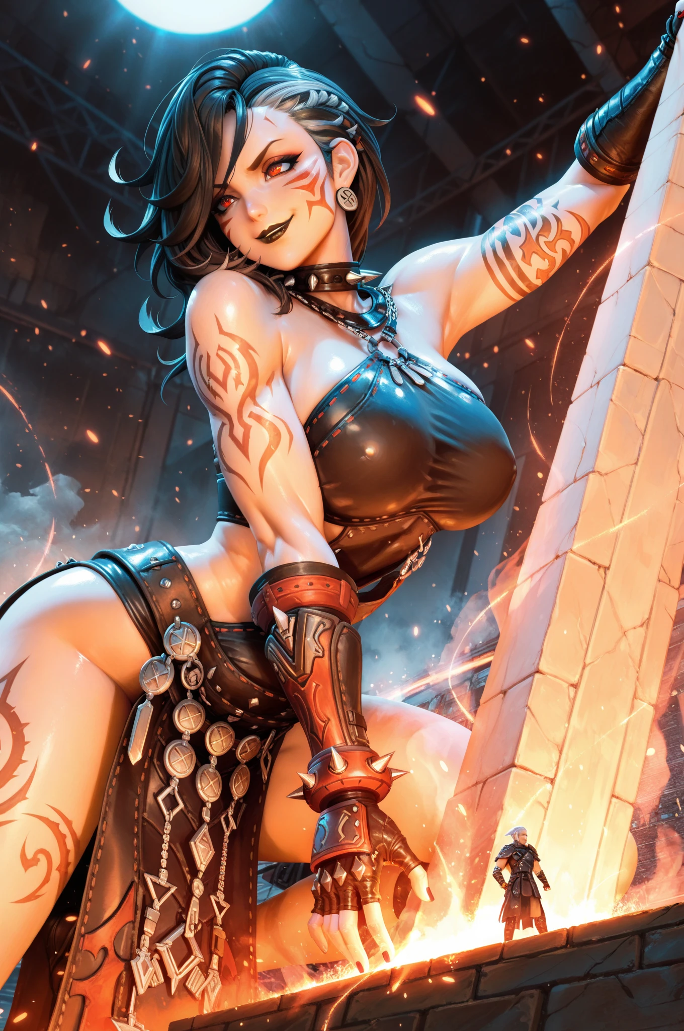 there is 1woman that lying on lava,(((total black sbody))),((black tattoo covering whole body)),demon milf,horns on head,(((A MILF: 1.4))), (Curvy:1.35),Curvy physique,, Thick body,dark nipple,bare breast ,model in Japan,((Sexual suggestiveness))