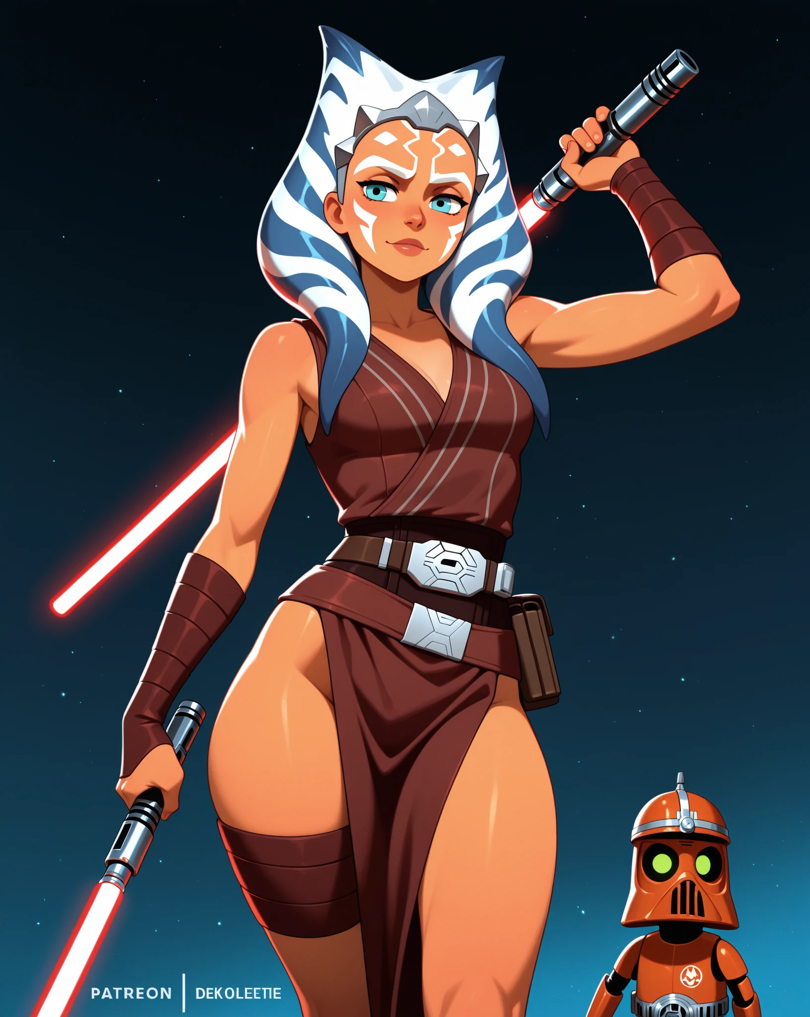 (main part), (Best quality), (a high resolution) , (ray tracing), Ashoka thano, ,Ideal Anatomy , Padawan Net Worth, red panties, Tubular top, diaphragm, mini skirt, white tights, big sexy ass, back view