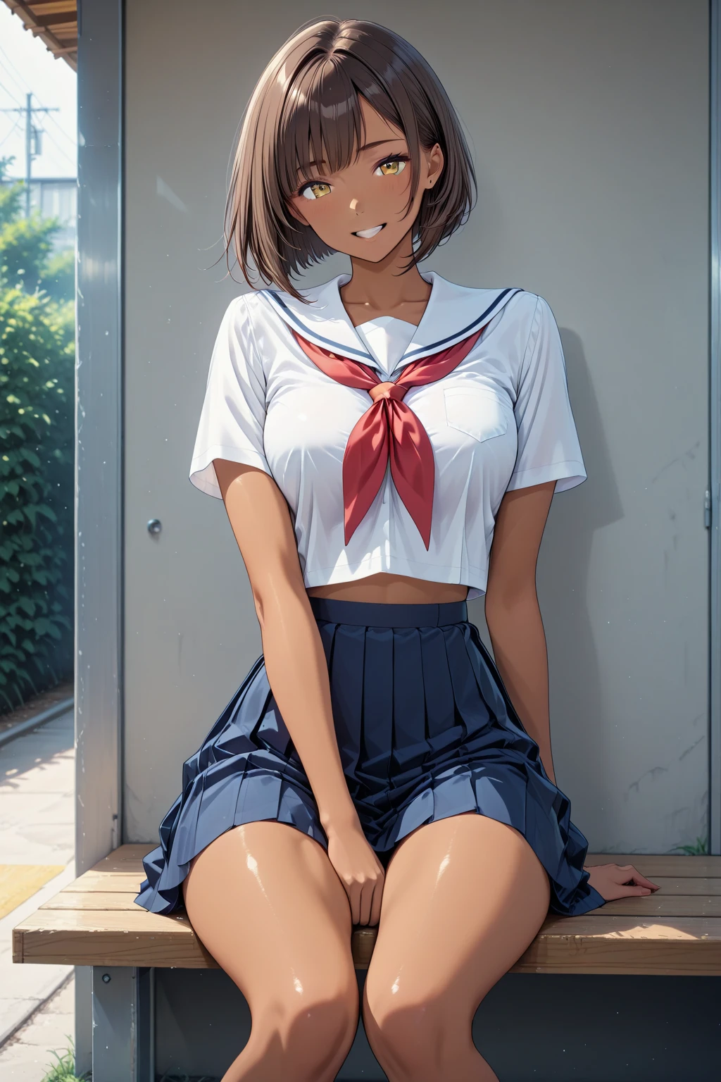 (((perfect anatomy, super detailed skin))), 1 girl, japanese, high school girl, shiny skin, large breasts:0.5, watching the viewer, ((((panty shot, m legs, spread legs)))),
beautiful hair, beautiful face, beautiful detailed eyes, (short hair:1.1, bob cut:1.2), dark blonde hair:1, blue eyes,
beautiful clavicle, beautiful body, beautiful chest, beautiful thighs, beautiful legs, babyface, mole under eye,
((short sleeves, all navy cute sailor suit, navy pleated skirt, navy sailor collar, blue sailor scarf, socks, brown loafers), school bag, cross necklace), seductive thighs, ,
((smile:1.5, , , open mouth)), ((((sitting floor, panty shot, m legs, spread legs, arm support)))),
(beautiful scenery), summer, , outdoors, beautiful definition sky,
8k, top quality, masterpiece:1.2, extremely detailed), (, photorealistic), beautiful illustration, cinematic lighting, ,