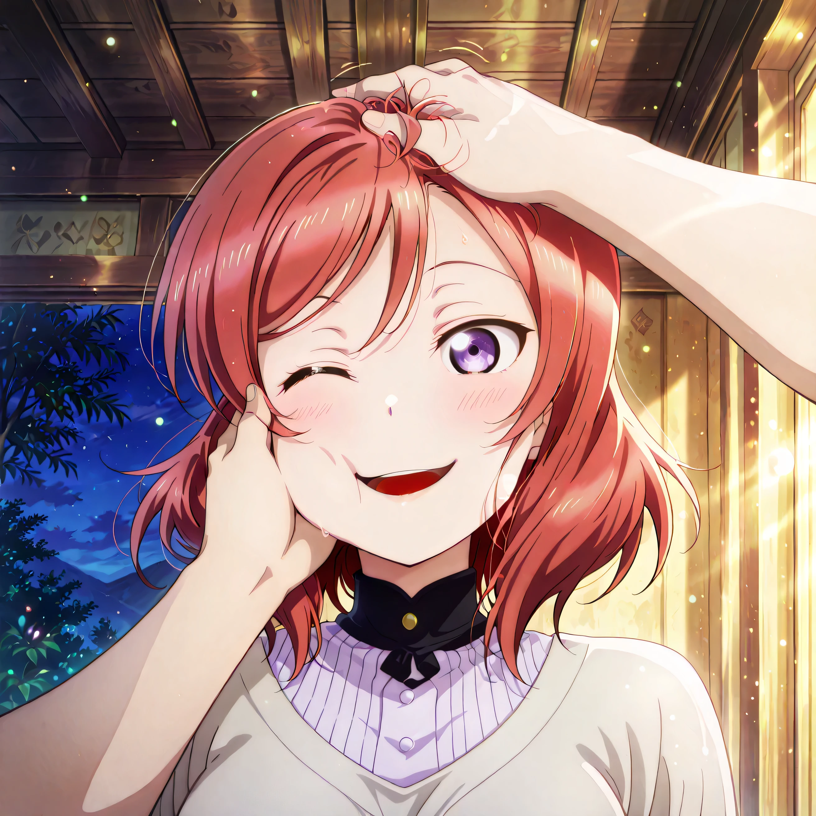 score_9 , score_8_up , score_7_up , source_anime detailed eyes,anime eyes,high detail eyes,multicolored iris,detailed iris,anime style, 4k , ultra-detailed , absurdres , high resolution , beautiful lighting , cinematic composition 4k masterpiece, best quality, girl, beautiful face, clean skin, shiny hair, shiny skin, beautiful face, perfect eyes, 4k high quality eyes, high quality brightness, best quality, 4k very aesthetic, absurd, perfect body quality, beautiful curves, perfect, perfect genitals, beautiful ambient light, beautiful aesthetics, very realistic scenery, 4k high quality, masterpiece, best quality, absurd, latest, high resolution, official art, best quality, absurd, latest, high resolution, official art, screenshot, anime screenshot, anime coloring, 1girl maki nishikino, short hair, purple eyes, red hair, mature female, large breasts, <lora:pov-cheek-and-head-pat-illustriousxl-lora-nochekaiser:1>, pov cheek and head pat, pov cheek and head pat (meme), looking at viewer, blush, smile, open mouth, upper body, one eye closed, solo focus, pov, hand on another's head, pov hands, headpat, hand on another's face, hand on another's cheek, petting,