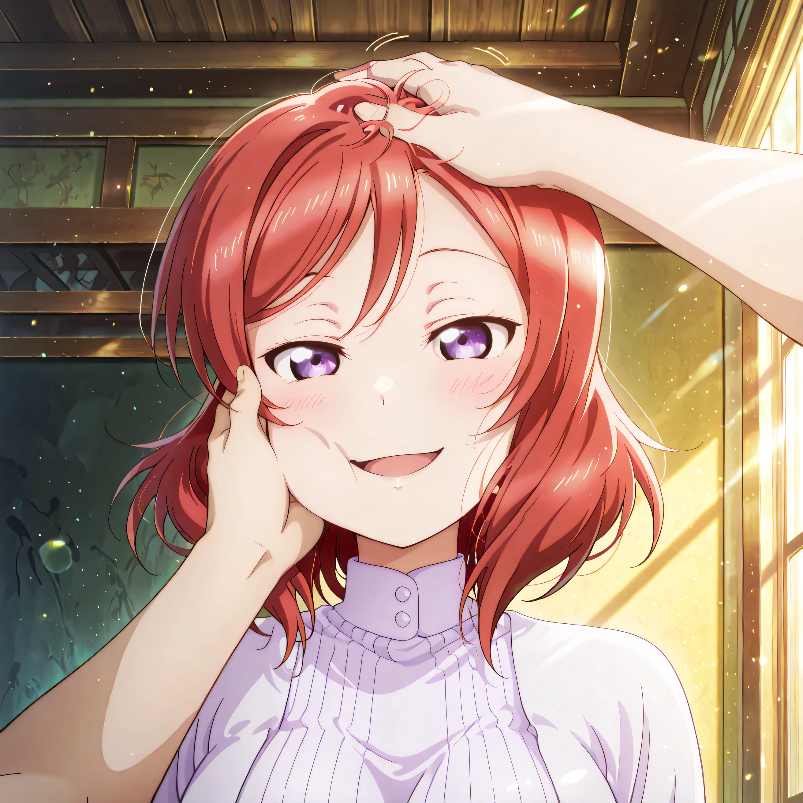 score_9 , score_8_up , score_7_up , source_anime detailed eyes,anime eyes,high detail eyes,multicolored iris,detailed iris,anime style, 4k , ultra-detailed , absurdres , high resolution , beautiful lighting , cinematic composition 4k masterpiece, best quality, girl, beautiful face, clean skin, shiny hair, shiny skin, beautiful face, perfect eyes, 4k high quality eyes, high quality brightness, best quality, 4k very aesthetic, absurd, perfect body quality, beautiful curves, perfect, perfect genitals, beautiful ambient light, beautiful aesthetics, very realistic scenery, 4k high quality, masterpiece, best quality, absurd, latest, high resolution, official art, best quality, absurd, latest, high resolution, official art, screenshot, anime screenshot, anime coloring, 1girl maki nishikino, short hair, purple eyes, red hair, mature female, large breasts, <lora:pov-cheek-and-head-pat-illustriousxl-lora-nochekaiser:1>, pov cheek and head pat, pov cheek and head pat (meme), looking at viewer, blush, smile, open mouth, upper body, closed eyes, solo focus, pov, hand on another's head, pov hands, headpat, hand on another's face, hand on another's cheek, petting,