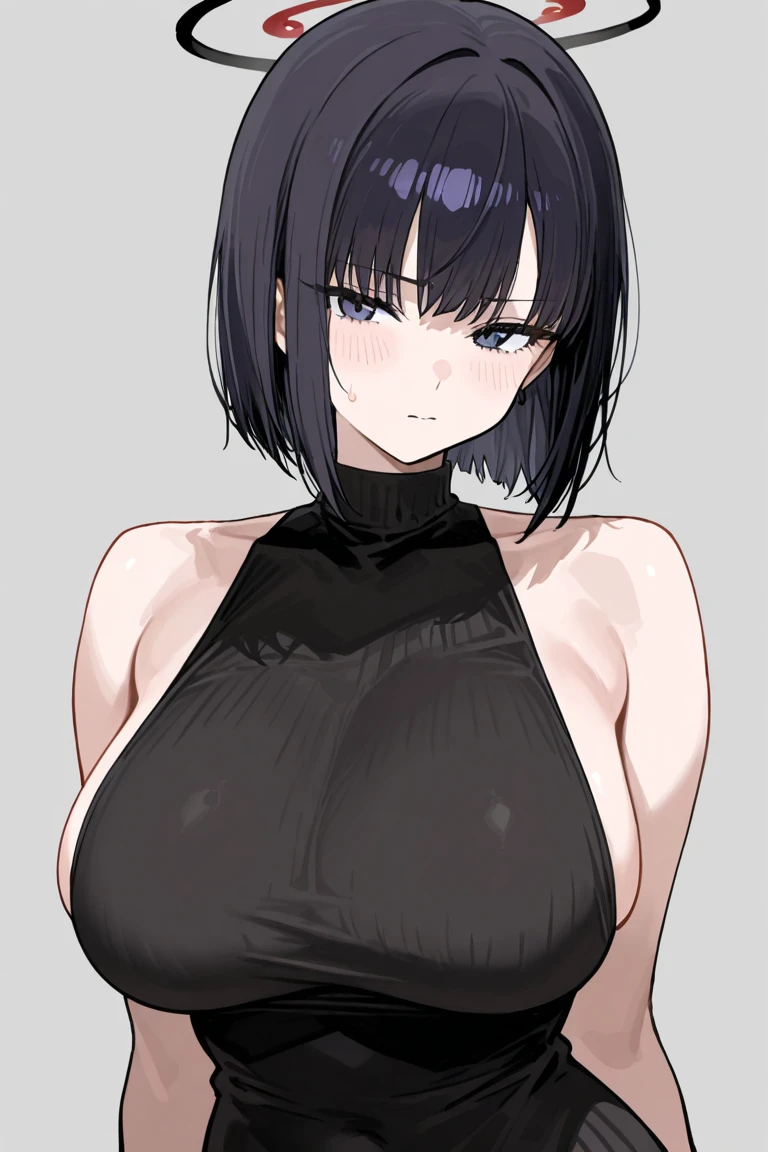 (beautiful detailed eyes, beautiful detailed hair, perfect detailed body), mikictr, 1girl, solo, black eyes, short hair, closed mouth, lipstick, blush, sagging large breasts, crop top, no bra, midriff, navel, upper body:1.5, standing, belt, blue short shorts, simple background