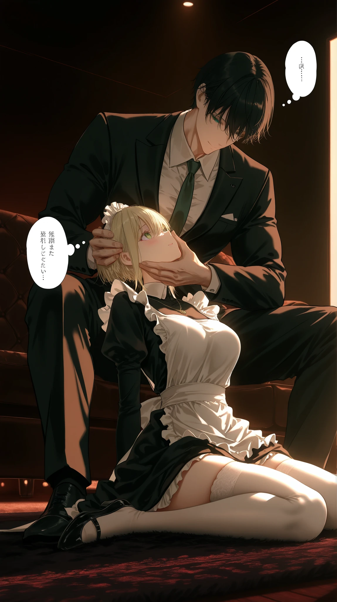 dark_art_style, artist:kazutake_hazano, artist:danimaru,[artist:ask_(askzy)], artist:wanke, artist:wlop, artist:fujiyama, artisit:yuyu_(yuyuworks),artist:hiten_(hitenkei),atrisit:dishwasher1910,
nakajima_yuka,1girl,1 (muscular bearded man:1.3)
green_eyes,black_hair,blonde_hair,blush,open_mouth,smile,wariza,breasts,large_breasts,camelto,panties,white_panties,panties,clothes,apron,black_dress,black_shoes,black_suit,business_suit,collared_shirt,dress,formal_clothes,frilled_apron,frills,jewelry,long_sleeves,maid_apron,maid_headdress,necklace,necktie,shirt,suit,thighhighs,underwear,waist_apron,white_apron,white_thighhighs,maid,original
assisted_exposure,clothes_lift,dress_lift,hand_on_another's_cheek,hand_on_another's_face,lifting_another's_clothes,boy sitting on sofa,girl sitting on rug,
 luxury sofa , Premium textured rug, dim room, Light and dark separation，
(thought_bubble:1.2),(underlighting,dim lighting,dark:1.35),(thought_bubble,boy‘s head out of frame:1.2)