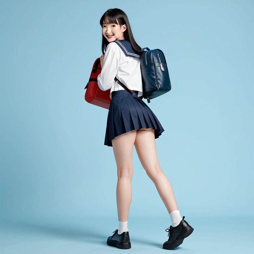 (8K),(masterpiece),(Japanese),(8-year-old girl),((Innocent look)),((Childish)),from the front,Sleeveless shirt,Blue checkered short skirt,(Carrying a red backpack),Serious face,,Innocent,Kind eyes,Straight hair,Hair blowing in the wind,Black Hair,Somewhat strong wind,noon,bright