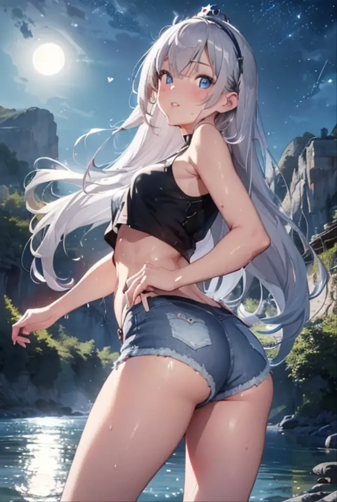 8K, Ultra High Definition, Super detailed, Shiny detailed hair, detailed face, fantasy landscape, solo, looking at viewer, {{best quality}}, {{masterpiece}}, {{ultra-detailed}}, {detailed light}, ultra high quality eyes, detailed eyes, perfect eyes, large eyes, detailed blue eyes, white hair, long hair, adorned hair, beautiful, skinny body, white skin, slutty, erotic, suggestive, view from the back, looking from behind, curvy booty, showing the butt, lingerie, in lingerie, blushing, open mouth, ahegao, ((nsfw))