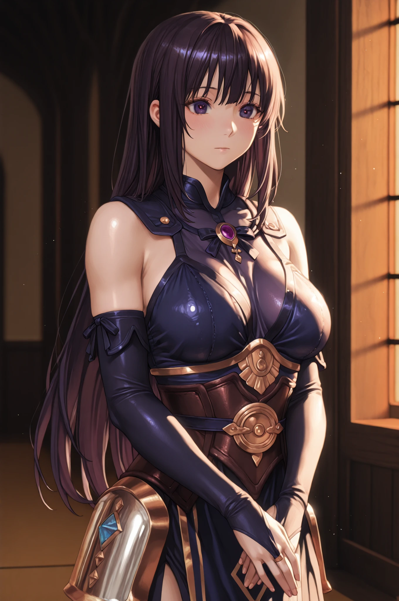 ((ultra quality)), ((Masterpiece)), ((8K)), ((Wiz)), konosuba, ((brown hair long hair)), (Beautiful face), (), charming, ((confused expression)), looks at the camera with a slight smile, (Skin color white), (White skin), glare on the body, wet body, ((Beautiful Female Eyes)), ((light orange eyes)), (beautiful female lips), (dark eyeliner), (beautiful female hands), ((Ideal female figure)), Ideal female body, beautiful waist, beautiful hips, Large breasts, ((violet viz costume)), ((subtle and beautiful)), stands temptingly (), background: magic goods store, ((depth of field)), ((high quality clear image)), (clear details), ((High detail)), realistically, ((Clear Focus)), anime.