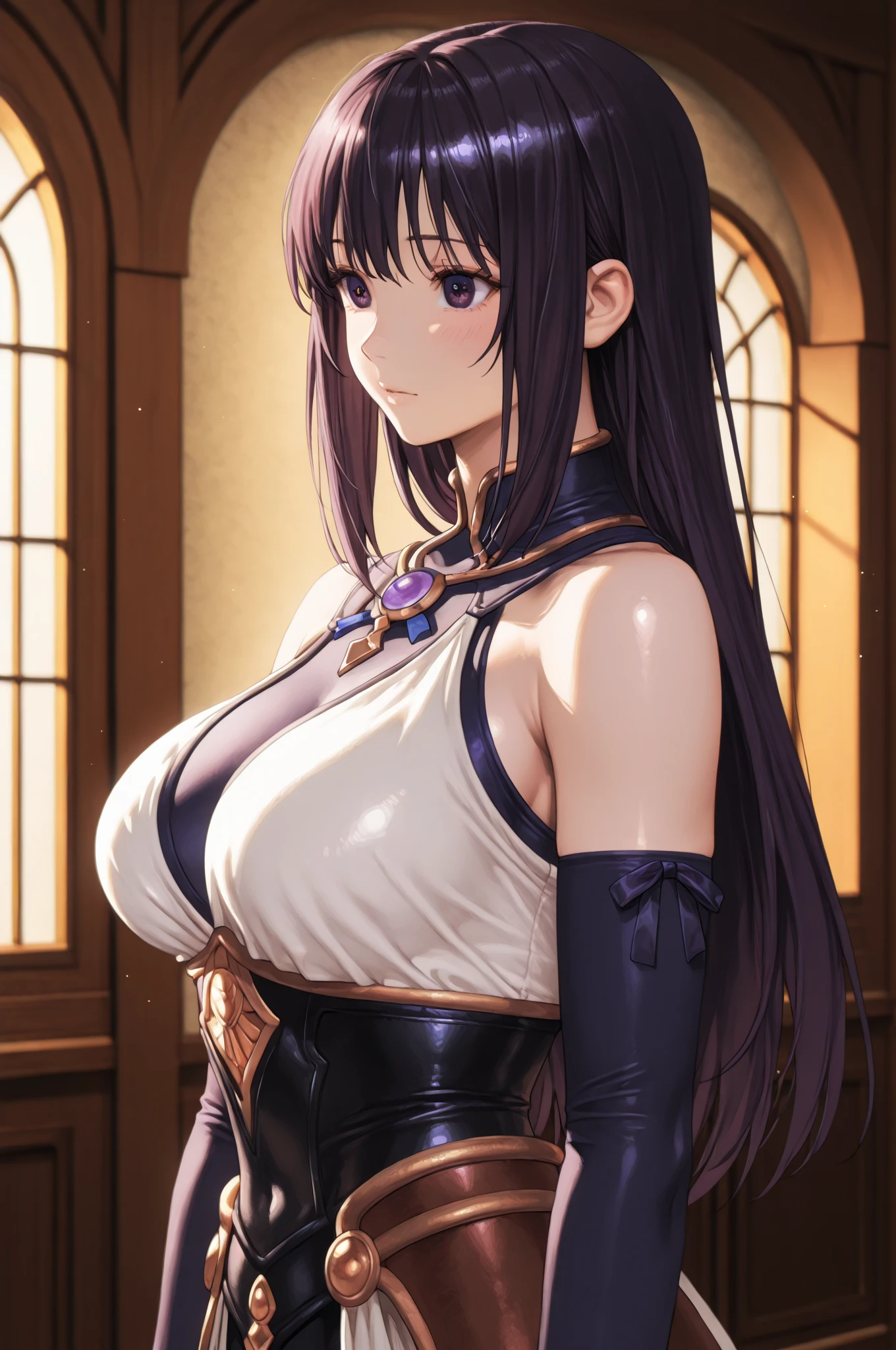 1girl, yor forger, yor forger from spy x family, yor briar, black hair, (red eyes:1.5), earrings, white hairband, hairband, long hair, sidelocks, bare shoulders, collarbone, anime girl with a bandaged chest and, seductive anime girl, anime moe artstyle, badass anime 8 k, mummy clothes, lights on tits