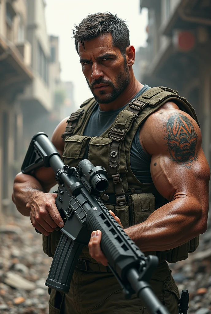 Photo of me sitting on the bed, man of my physique with a Goku tattoo on my arm holding an ak-47