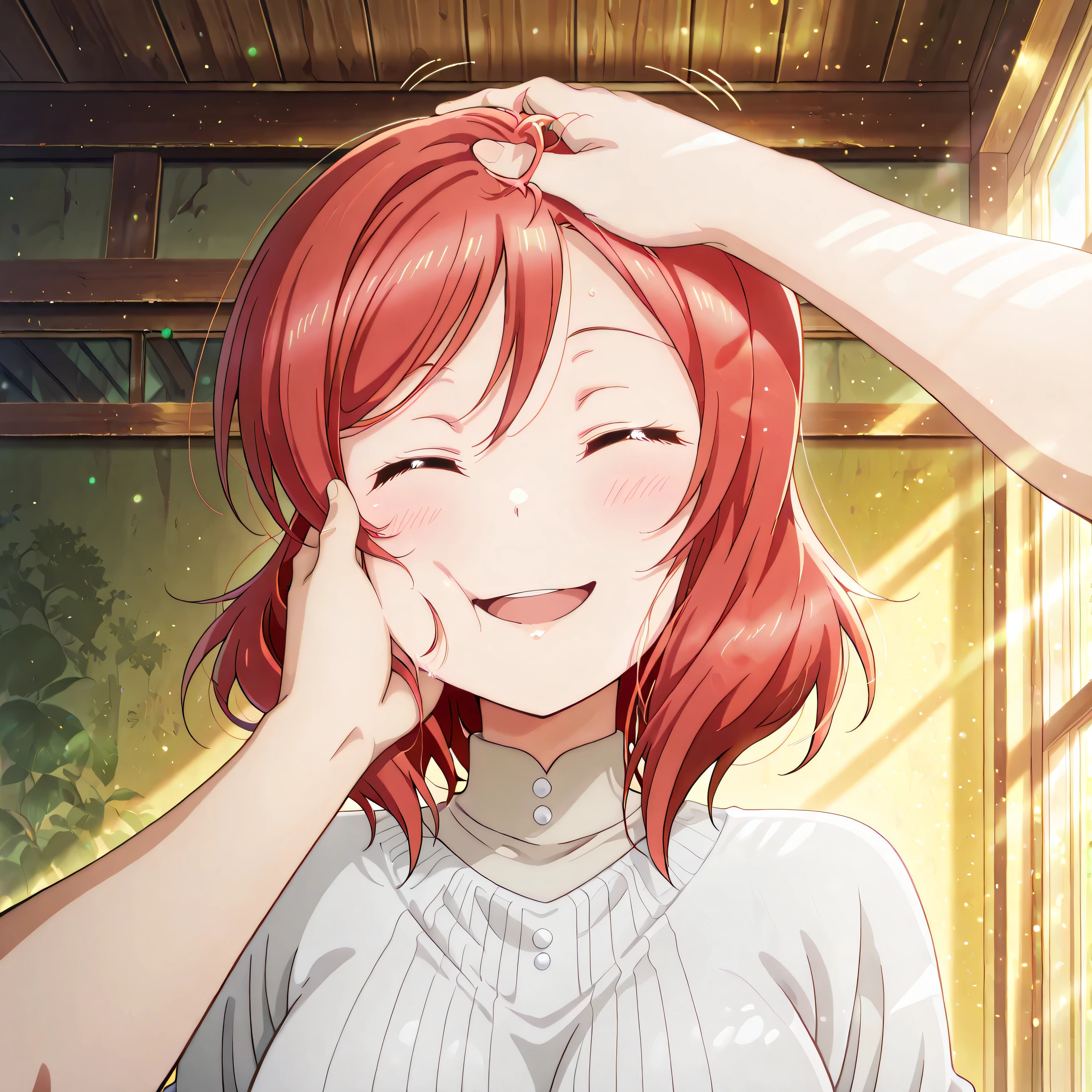 score_9 , score_8_up , score_7_up , source_anime 4k , ultra-detailed , absurdres , high resolution , beautiful lighting , cinematic composition 4k masterpiece, best quality, girl, beautiful face, clean skin, shiny hair, shiny skin, beautiful face, perfect eyes, 4k high quality eyes, high quality brightness, best quality, 4k very aesthetic, absurd, perfect body quality, beautiful curves, perfect, perfect genitals, beautiful ambient light, beautiful aesthetics, very realistic scenery, 4k high quality, masterpiece, best quality, absurd, latest, high resolution, official art, best quality, absurd, latest, high resolution, official art, screenshot, anime screenshot, anime coloring, 1girl maki nishikino, short hair, red hair, mature female, large breasts, <lora:pov-cheek-and-head-pat-illustriousxl-lora-nochekaiser:1>, pov cheek and head pat, pov cheek and head pat (meme), looking at viewer, blush, smile, open mouth, upper body, closed eyes, solo focus, pov, hand on another's head, pov hands, headpat, hand on another's face, hand on another's cheek, petting,