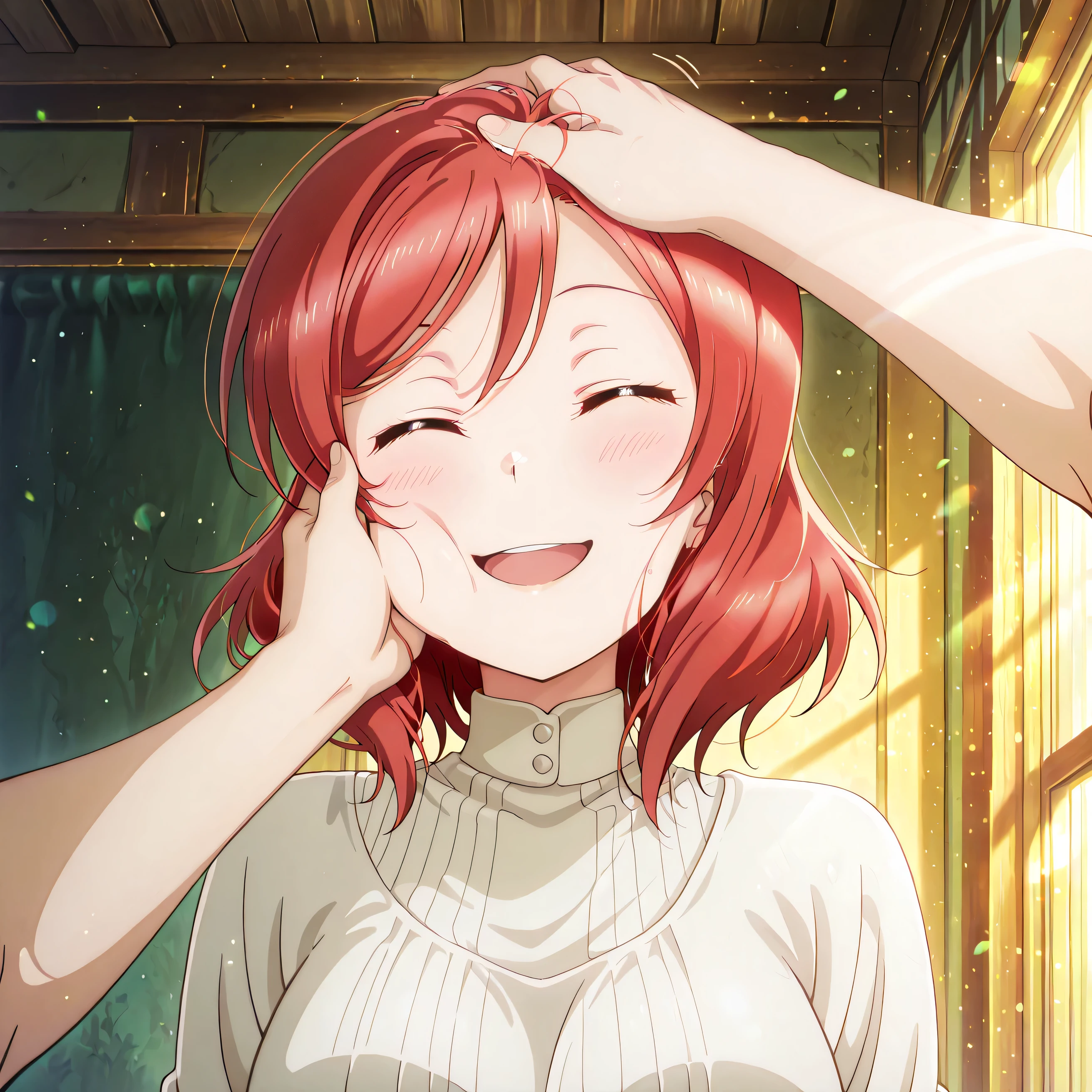 score_9 , score_8_up , score_7_up , source_anime 4k , ultra-detailed , absurdres , high resolution , beautiful lighting , cinematic composition 4k masterpiece, best quality, girl, beautiful face, clean skin, shiny hair, shiny skin, beautiful face, perfect eyes, 4k high quality eyes, high quality brightness, best quality, 4k very aesthetic, absurd, perfect body quality, beautiful curves, perfect, perfect genitals, beautiful ambient light, beautiful aesthetics, very realistic scenery, 4k high quality, masterpiece, best quality, absurd, latest, high resolution, official art, best quality, absurd, latest, high resolution, official art, screenshot, anime screenshot, anime coloring, 1girl maki nishikino, short hair, red hair, mature female, large breasts, <lora:pov-cheek-and-head-pat-illustriousxl-lora-nochekaiser:1>, pov cheek and head pat, pov cheek and head pat (meme), looking at viewer, blush, smile, open mouth, upper body, closed eyes, solo focus, pov, hand on another's head, pov hands, headpat, hand on another's face, hand on another's cheek, petting,