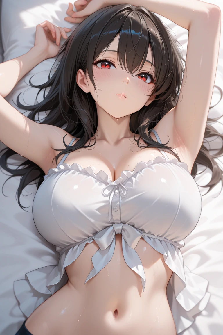 Masterpiece, top quality, high resolution, solo, big breasts, yellow eyes, indoors, bra, thong, (reaching: 1.2), lying down, from above, open arms, smile, bed, disheveled underwear, heavy breathing, sexual facial expression inviting