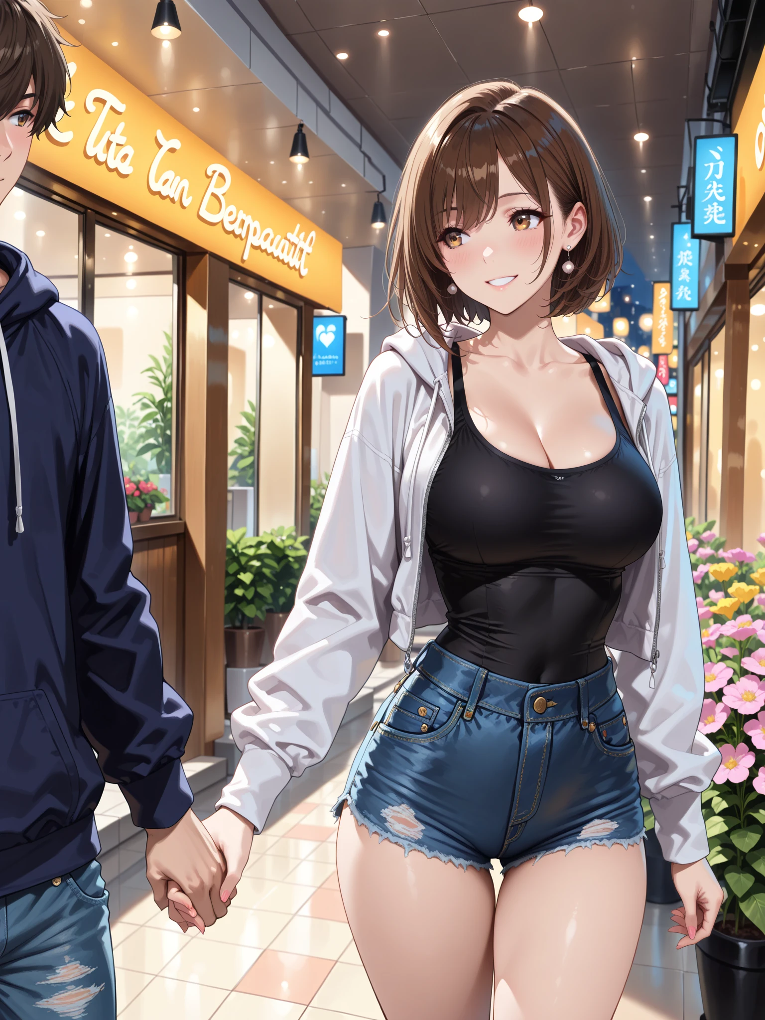 A striking scene with a mature 21-year-old female character, captivating the attention of an adolescent boy in a lively spring field. The woman, with her long wavy blond hair, V-shaped bangs, and blue eyes, exudes confidence in her white blouse and chocolate-colored corset, skinny tight blue jeans, and high boots. The boy, with short dark hair and a slim build, gazes intently at her, showcasing his admiration. The background is a vibrant, sunlit field, creating a dynamic and intriguing atmosphere that tells a story of attraction and curiosity.