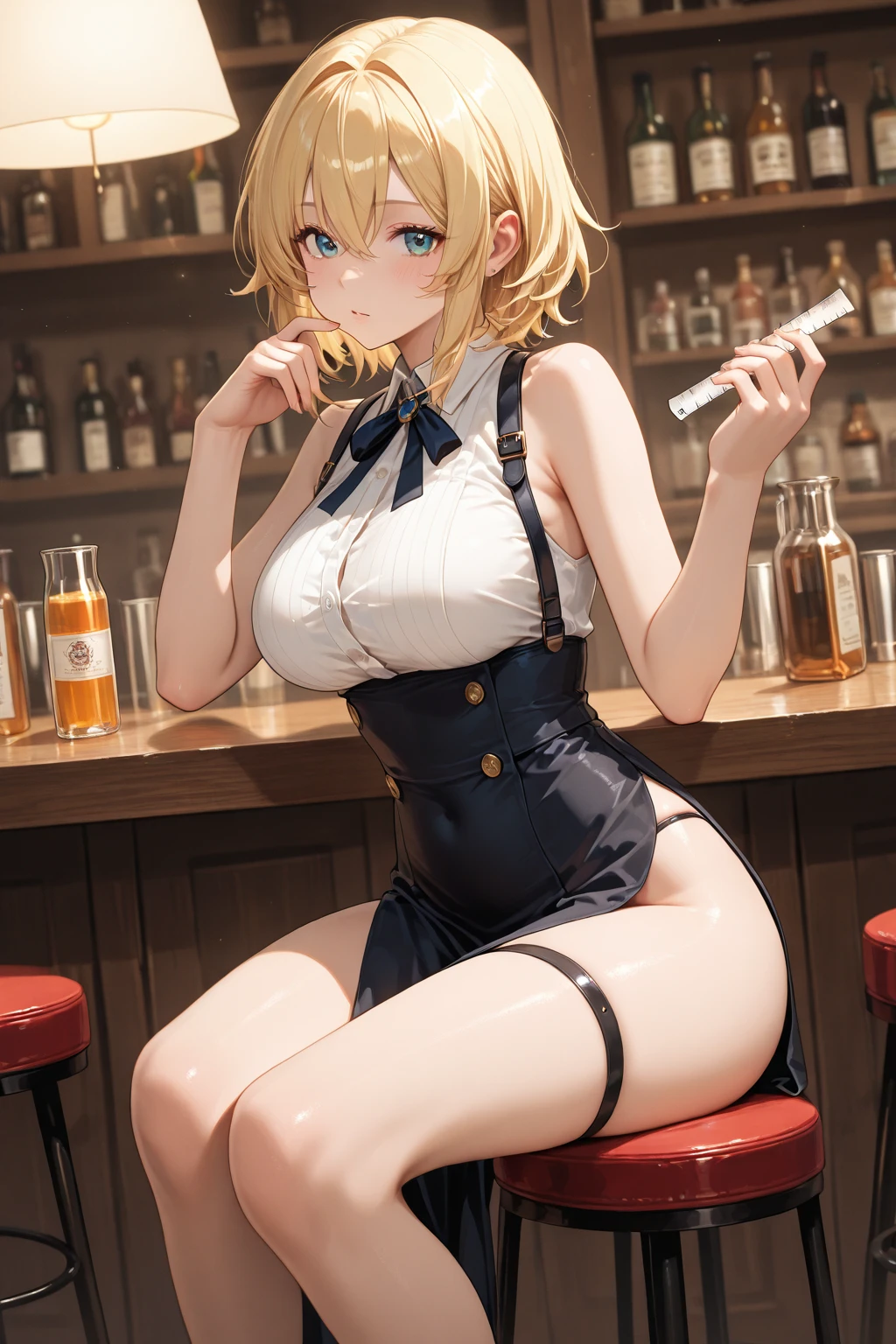 (from above:1.2),(from side:0.9), ((Face)), (Close-Up:0.4), masterpiece,"A 26-year-old girl stands at a bar counter. She is dressed in a stylish off-shoulder dress, sweater dress, off-shoulder sweater, red sweater,garter stocking, cleavage:1.1, midriff, black shorts, black thighhighs, thigh strap, pretty girl, (highly detailed beautiful face and eyes,firm breasts),real skin,((black,hair,long pony tail hair)),thin pubic hair,cute,lovely, detailed eyes, This masterpiece is only visually stunning but also tells,(double breasted:1.0,under bust:1.0),(with sparkling eyes and a contagious smile),open mouth. The bar is beautiful, with colorful bottles of alcohol in the background and a soft glow from neon lights. The atmosphere is relaxed, and the girl looks confident and fashionable.",full body, sexy pose,make a cocktail , in a bar counter, Looking at Viewer,