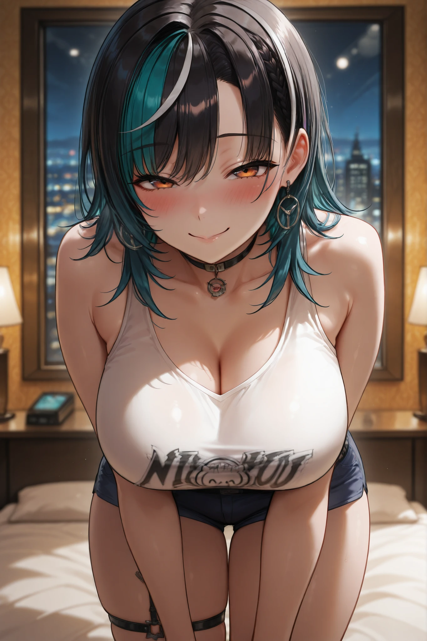 full body, extreme curls hair, short blue colored hair, lustful eyes, open mouth smile, aroused 25 years old, playfully aroused, dripping with desire, busty cleavage, low cut spaghetti strap tank top , shorts, slim waist, posing by the sofa, coy smile with open parted lips, (blushing:1.3), looking lovingly at the viewer, seductive eyes, facing the viewer, livingroom background, arms out (pov), glowing eyes, necklace, earrings, nsfw,