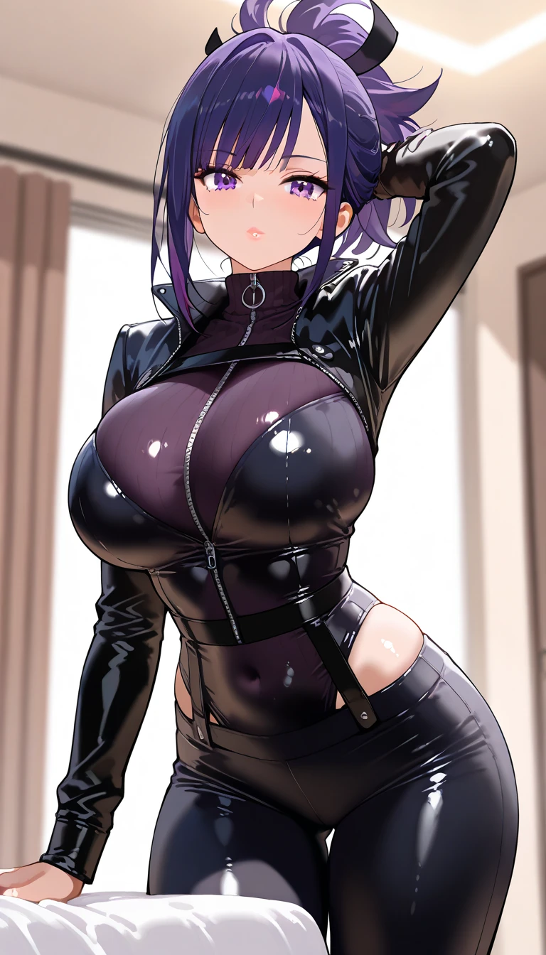 Purple short hair, plump youthful face, black police cap, red tie, purple tight low-cut dress, purple long gloves, black leather boots, strapless thighs, big breasts, blue eyes, confident expression, anime style, stone prison.