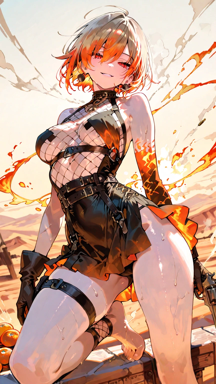 ((Highest quality)), ((masterpiece)), (detailed), (very short hair), ((nsfw)), standing, yandere, evil grin, blush, (blood), (pussy), show off nipple

Create an image of a ruthless female character named Calamity Ignis, belonging to the Versatile Order. She has a striking and menacing appearance with an aura of danger. Her hair is long and vibrant, resembling fireworks, with a mix of bright colors like red, orange, and yellow. Her eyes are sharp and predatory, glowing with a sinister light. She has a lithe and athletic build, with an air of agility and strength. Her cheeks are slightly flushed, and she has a wicked smile on her face, showing her delight in the chaos she causes.

Background: Set in a mystical, swirling vortex of energy with floating red threads and glowing symbols, creating an otherworldly atmosphere.

Pose and Expression: She stands confidently, holding a deadly weapon like a spiked chain or dual blades, ready for combat. Her expression is a mix of cruelty and delight, with flushed cheeks and a wicked smile that shows she enjoys the chaos and destruction she causes. Her eyes should reflect a sense of malicious joy, and her posture should convey readiness for action.

Outfit: Inspired by the provided image, she wears a detailed bodice with intricate gold embroidery and vibrant red and orange accents. The outfit includes a short skirt with high slits, revealing long, flowing ribbons and decorative elements. She has a fox mask as an accessory and other ornate decorations like flowers. Her outfit should have a mix of traditional and modern elements, combining intricate patterns with sharp armor pieces.

Additional Details: Her weapons should be detailed and menacing, reflecting her brutal nature. The spiked chain or dual blades should have intricate designs and a realistic, lethal appearance. The background should enhance her dangerous aura, with dramatic lighting and shadows that highlight her menacing presence. Her overall appearance should be dynamic and unsettling, capturing
